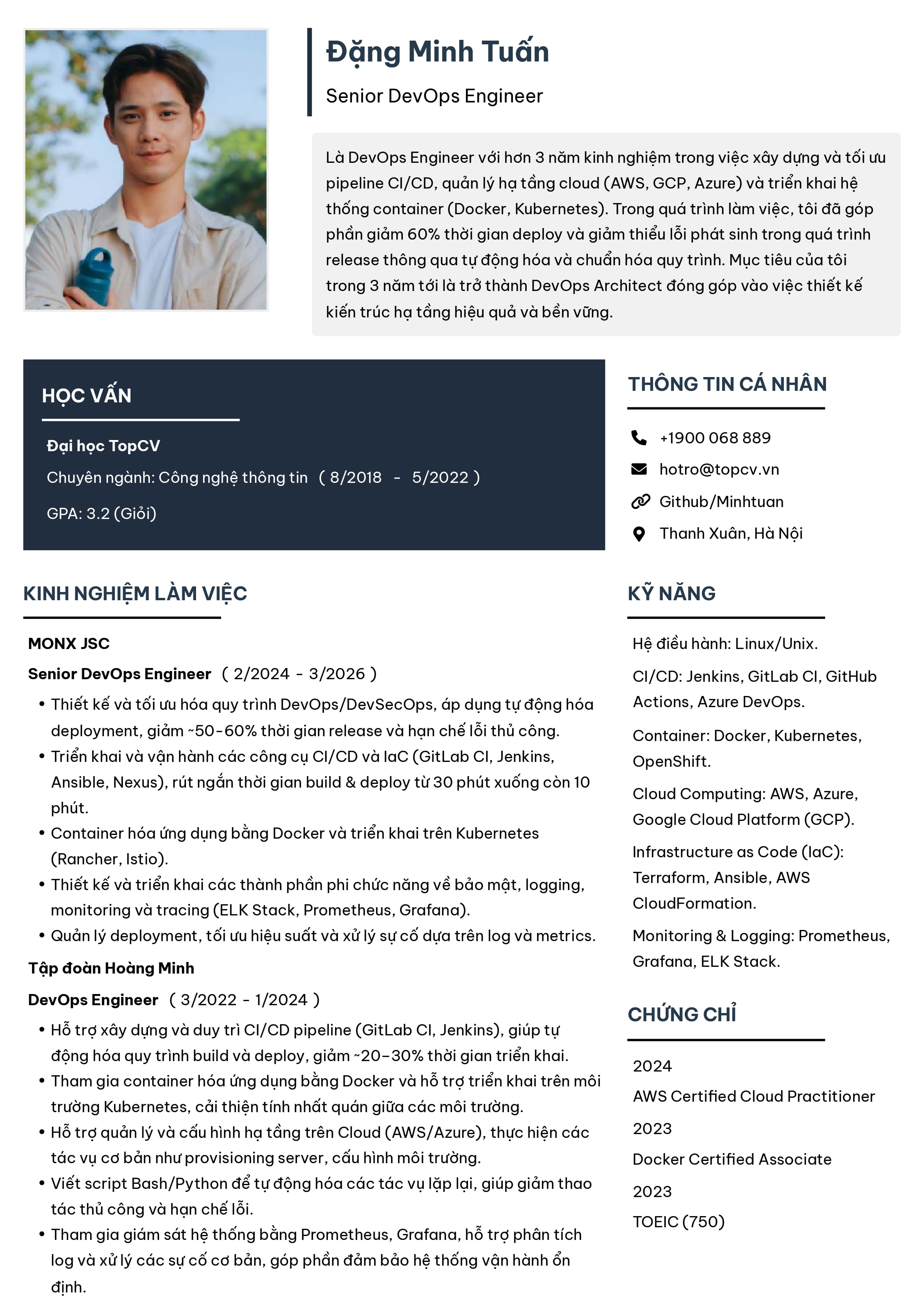 Mẫu CV DevOps Engineer tiếng Việt