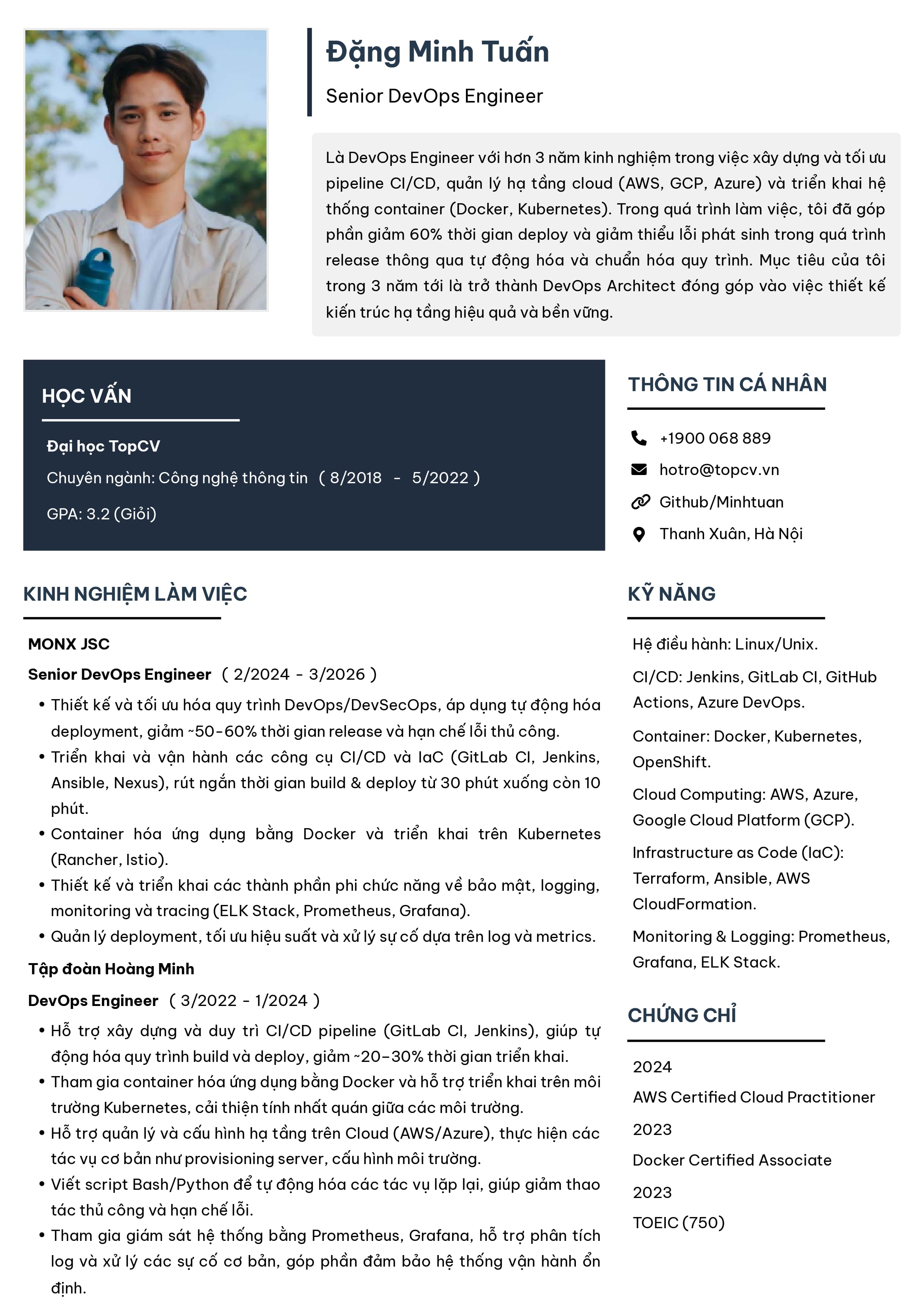 Mẫu CV DevOps Engineer tiếng Việt