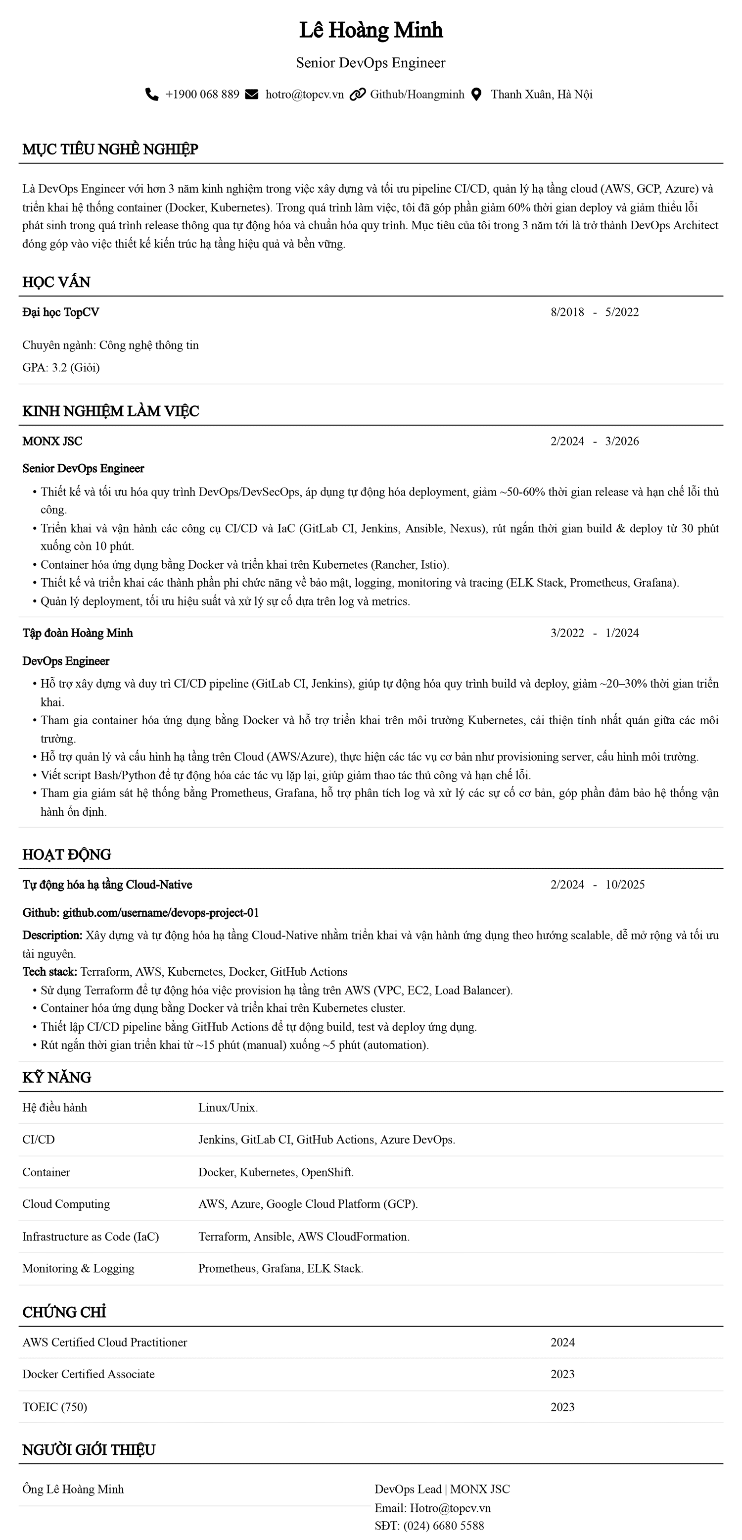 Mẫu CV DevOps Engineer chuyên nghiệp