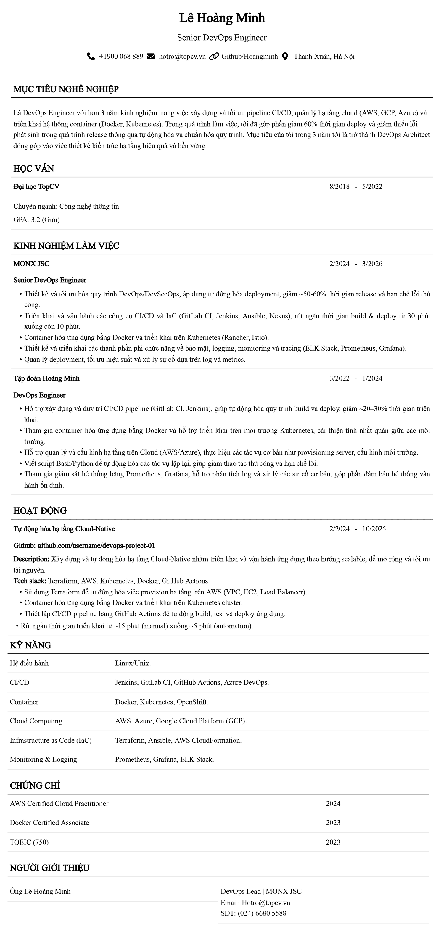 Mẫu CV DevOps Engineer chuyên nghiệp