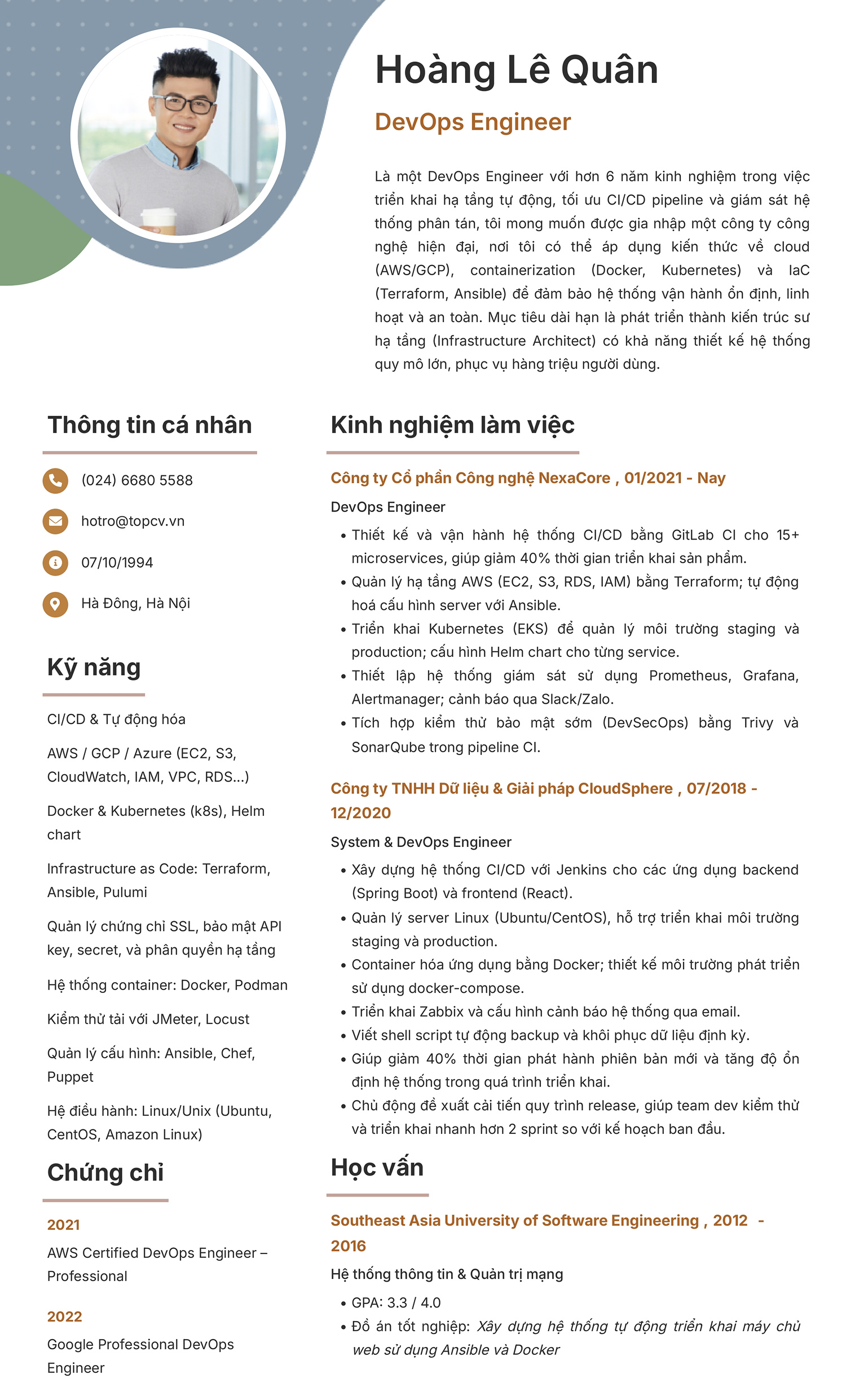 Mẫu CV DevOps Engineer