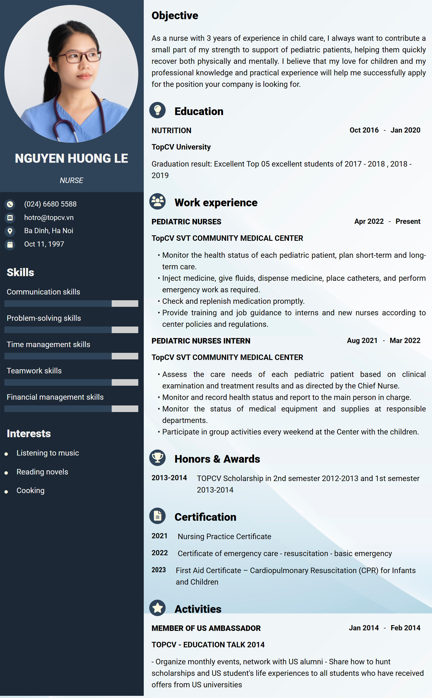 Tham khảo mẫu CV Điều dưỡng tiếng Anh