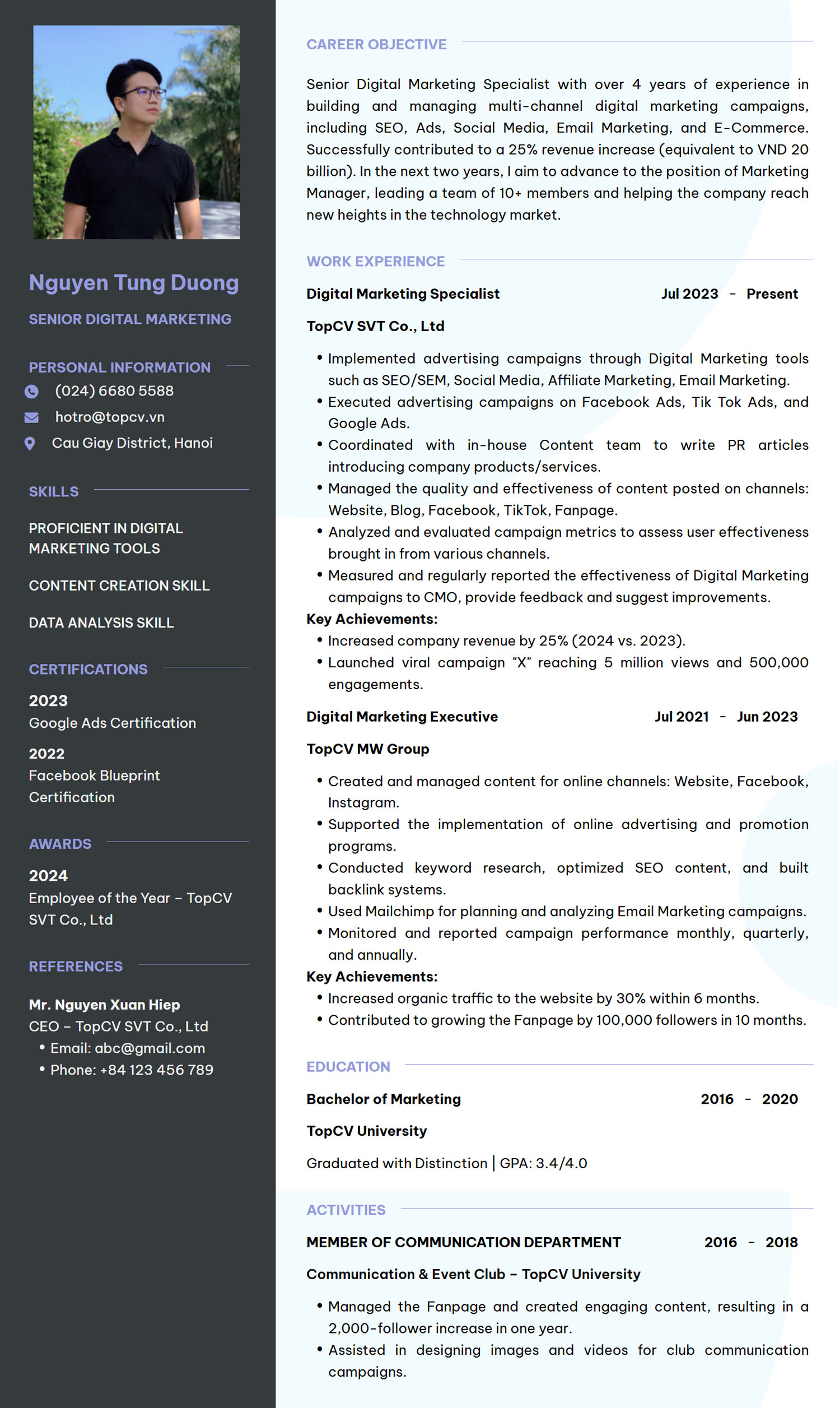 Tham khảo mẫu CV Digital Marketing Tiếng Anh