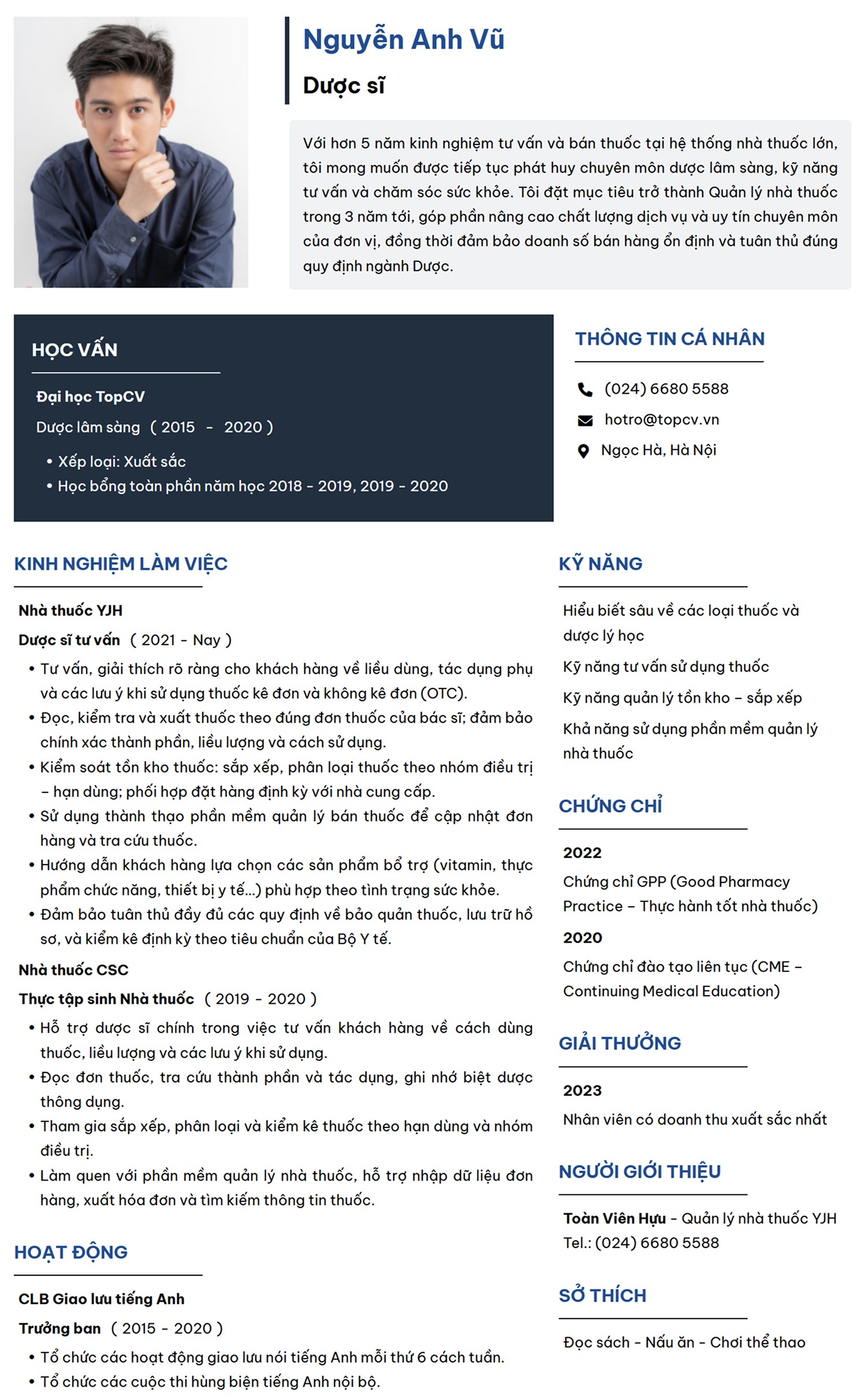 Mẫu CV xin việc Dược sĩ chuyên nghiệp