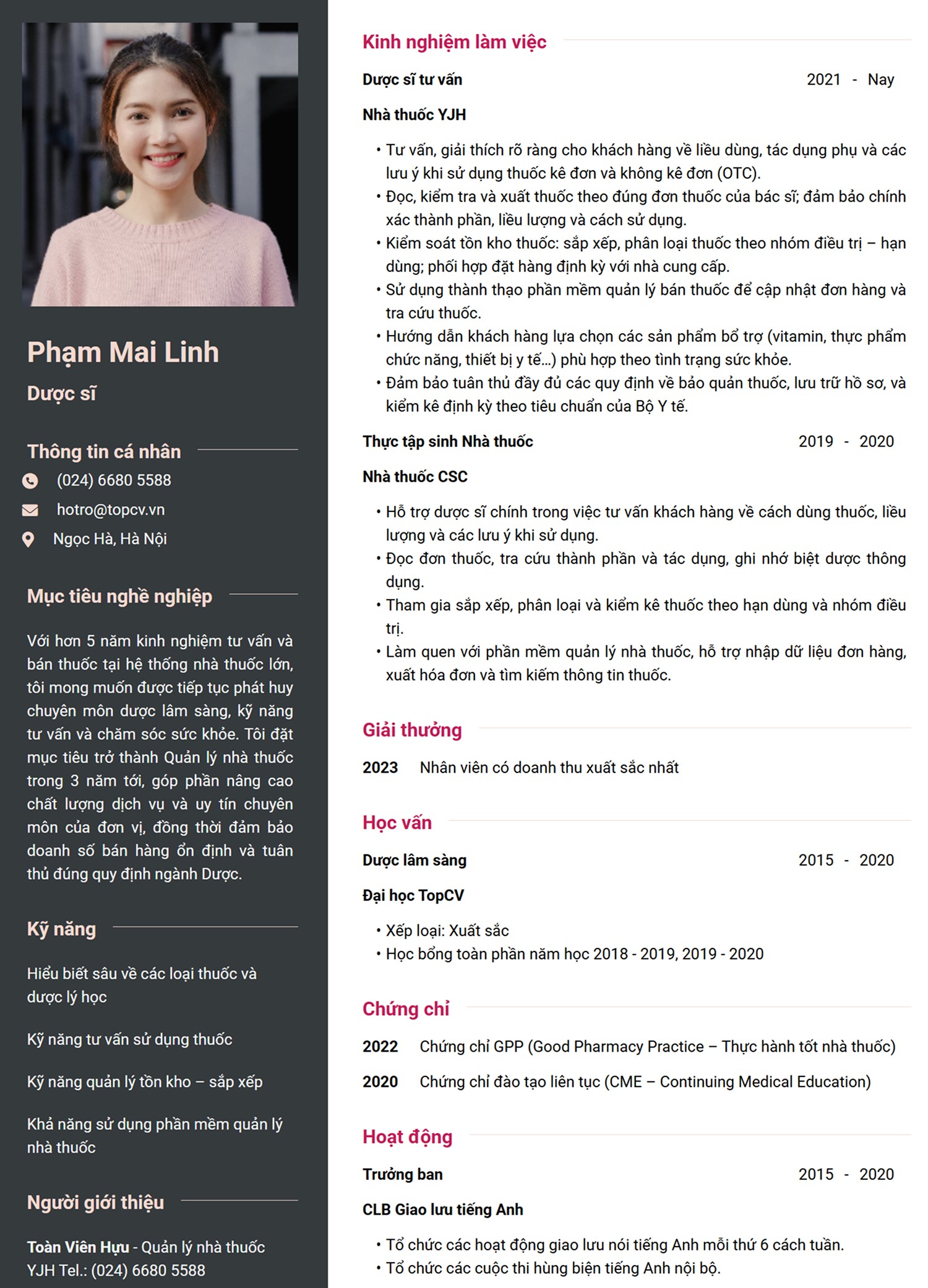 Mẫu CV Dược sĩ thanh lịch
