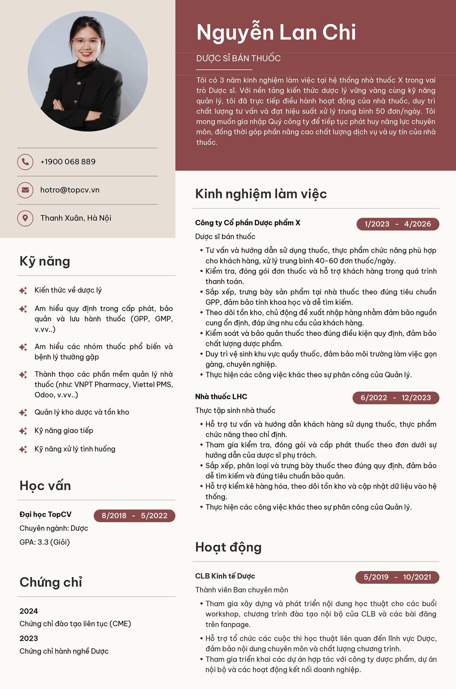 Mẫu CV Dược sĩ bán thuốc