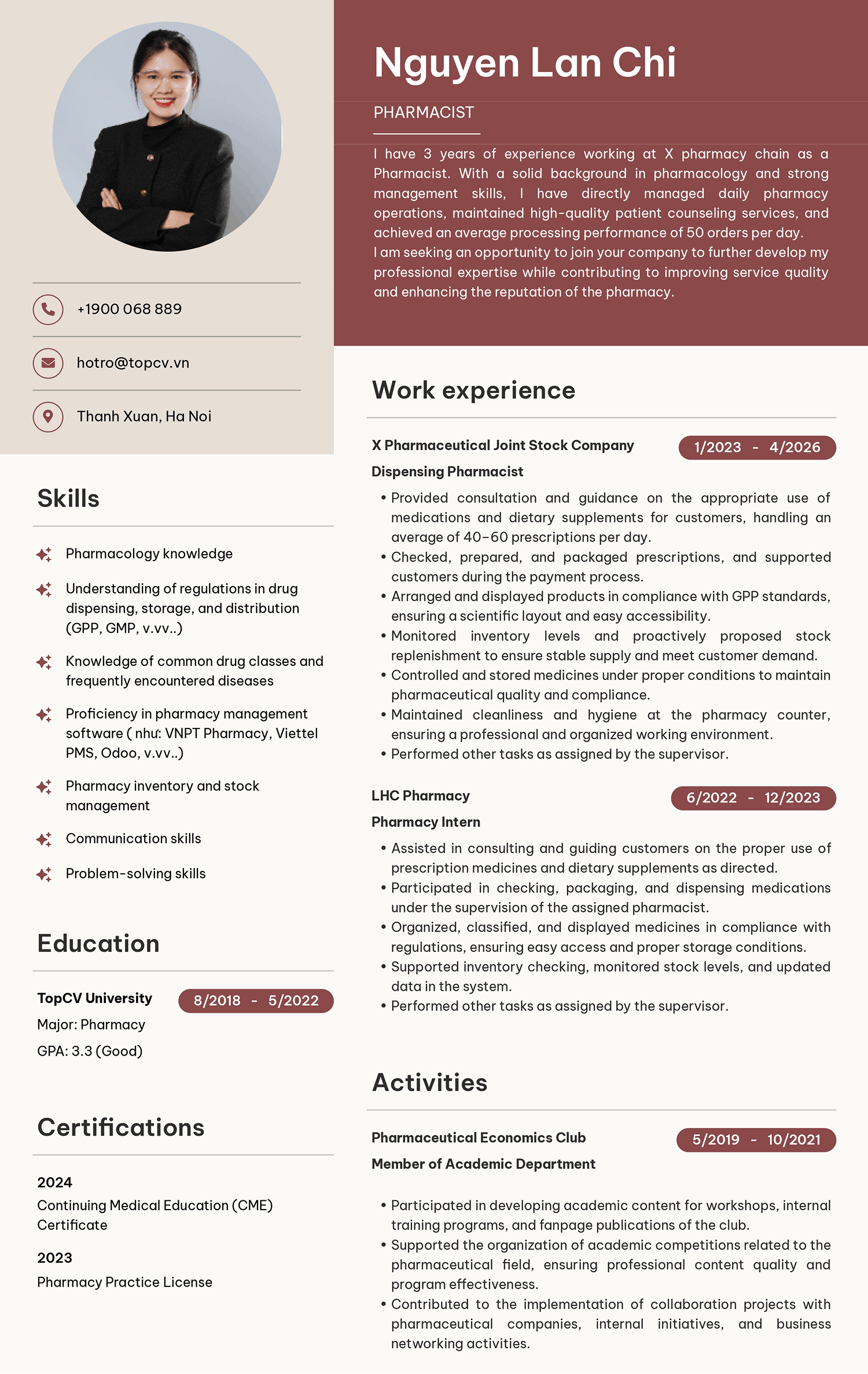 Mẫu CV Dược sĩ tiếng Anh