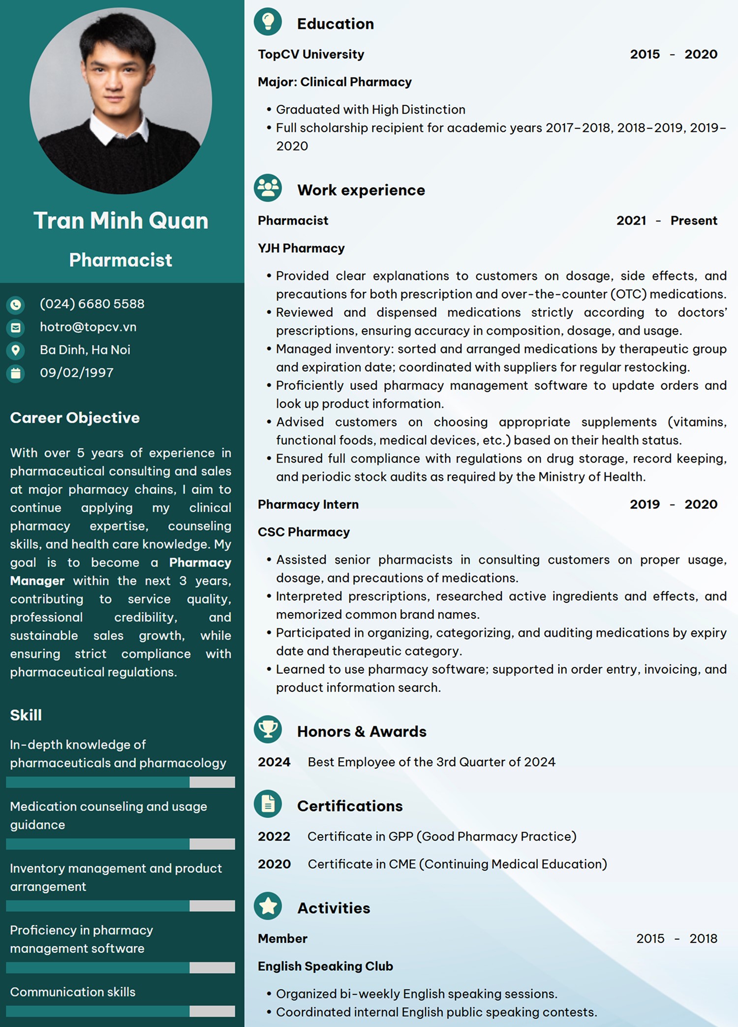 Mẫu CV Dược sĩ tiếng Anh