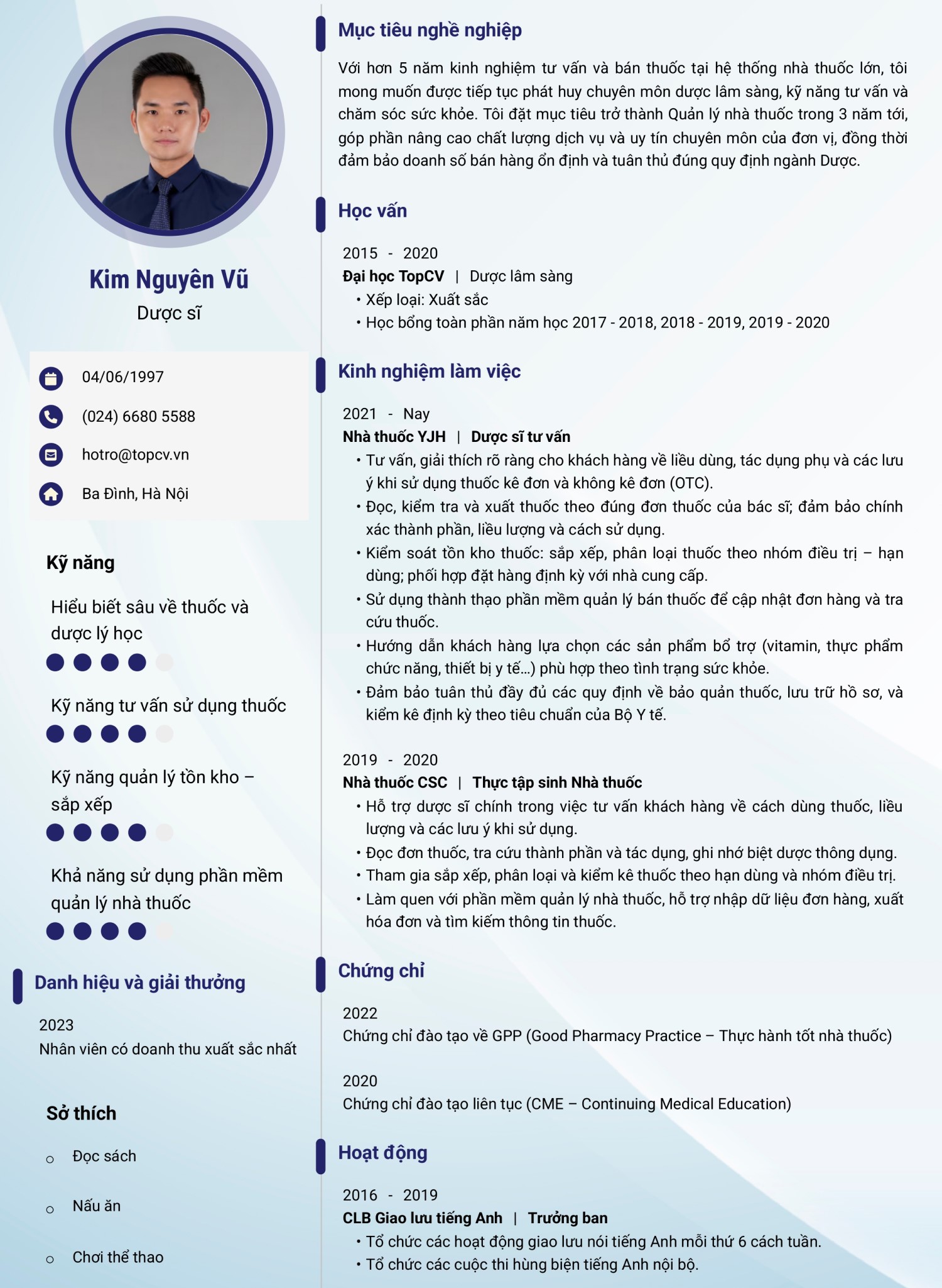 Mẫu CV Dược sĩ tiếng Việt