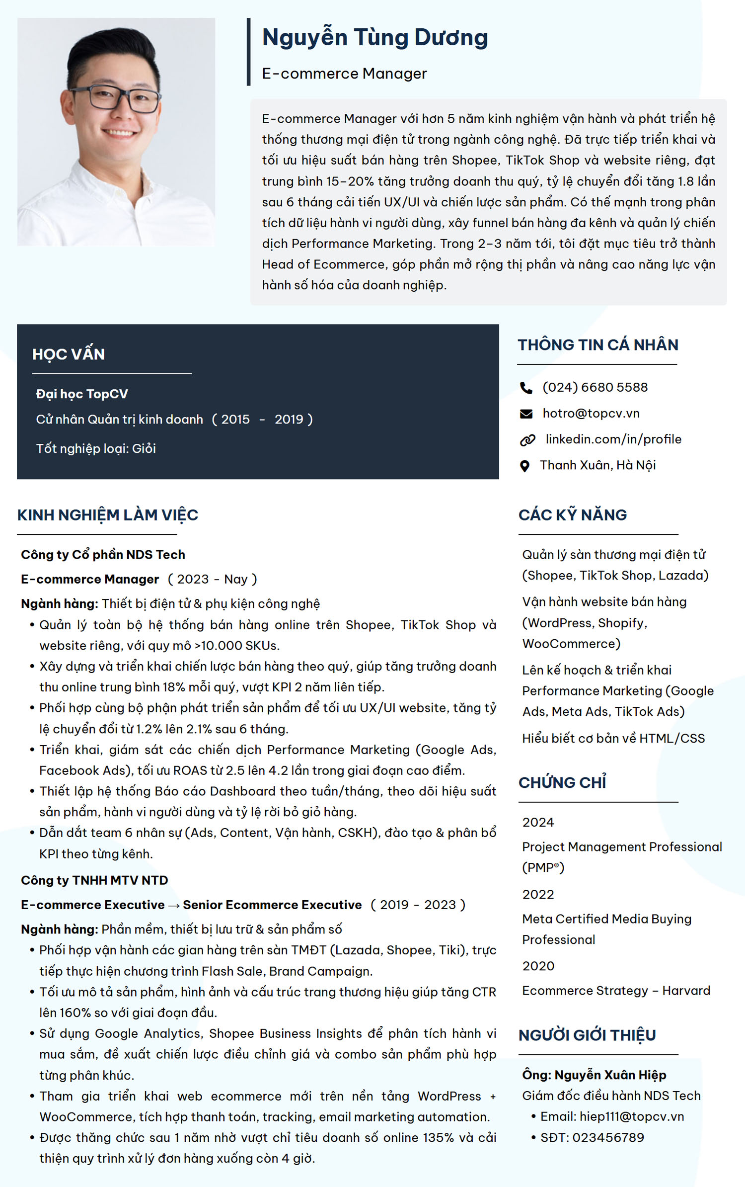 Mẫu CV E-commerce Manager chuẩn, chuyên nghiệp