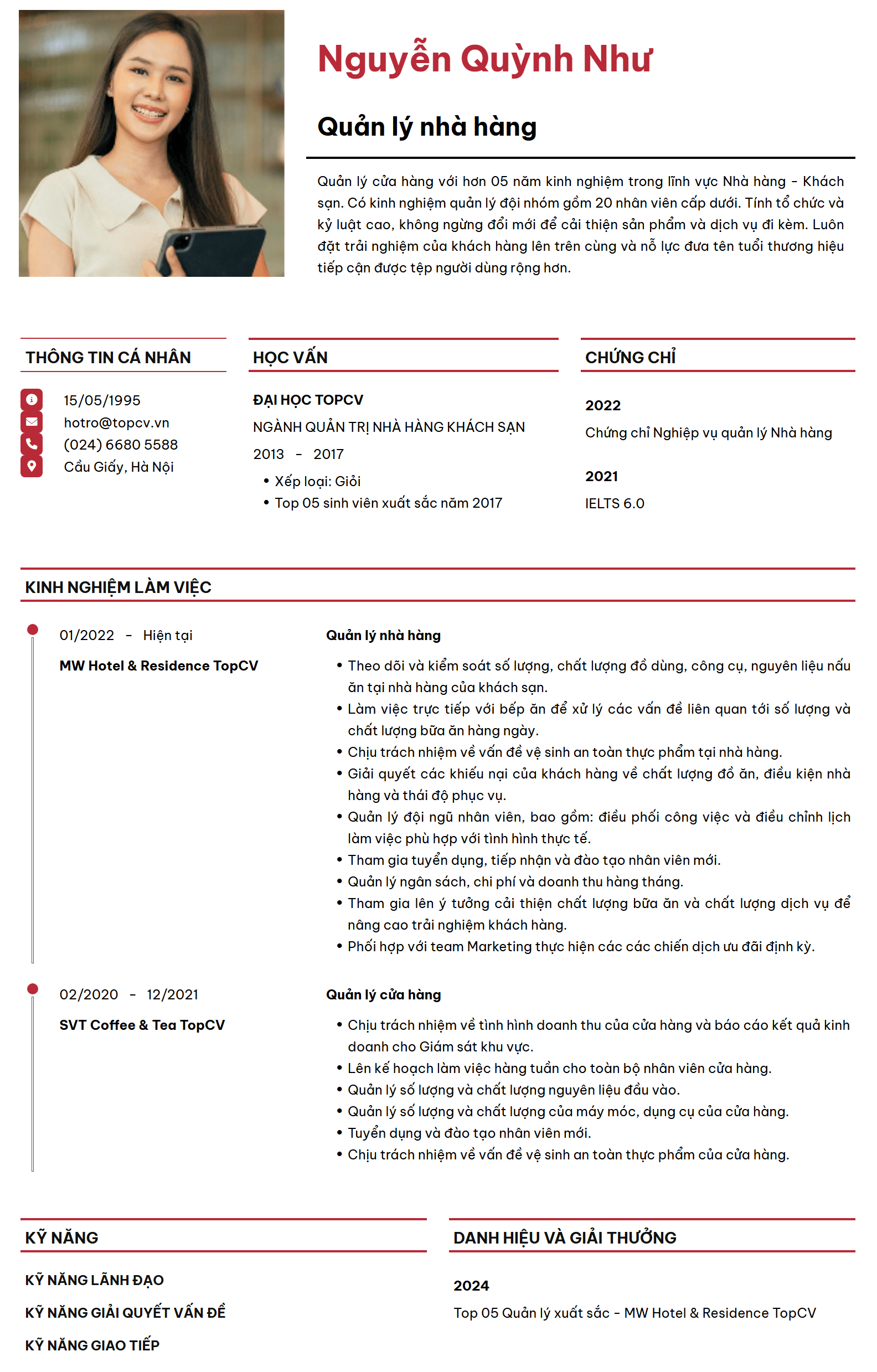 Mẫu CV F&B - Quản lý nhà hàng