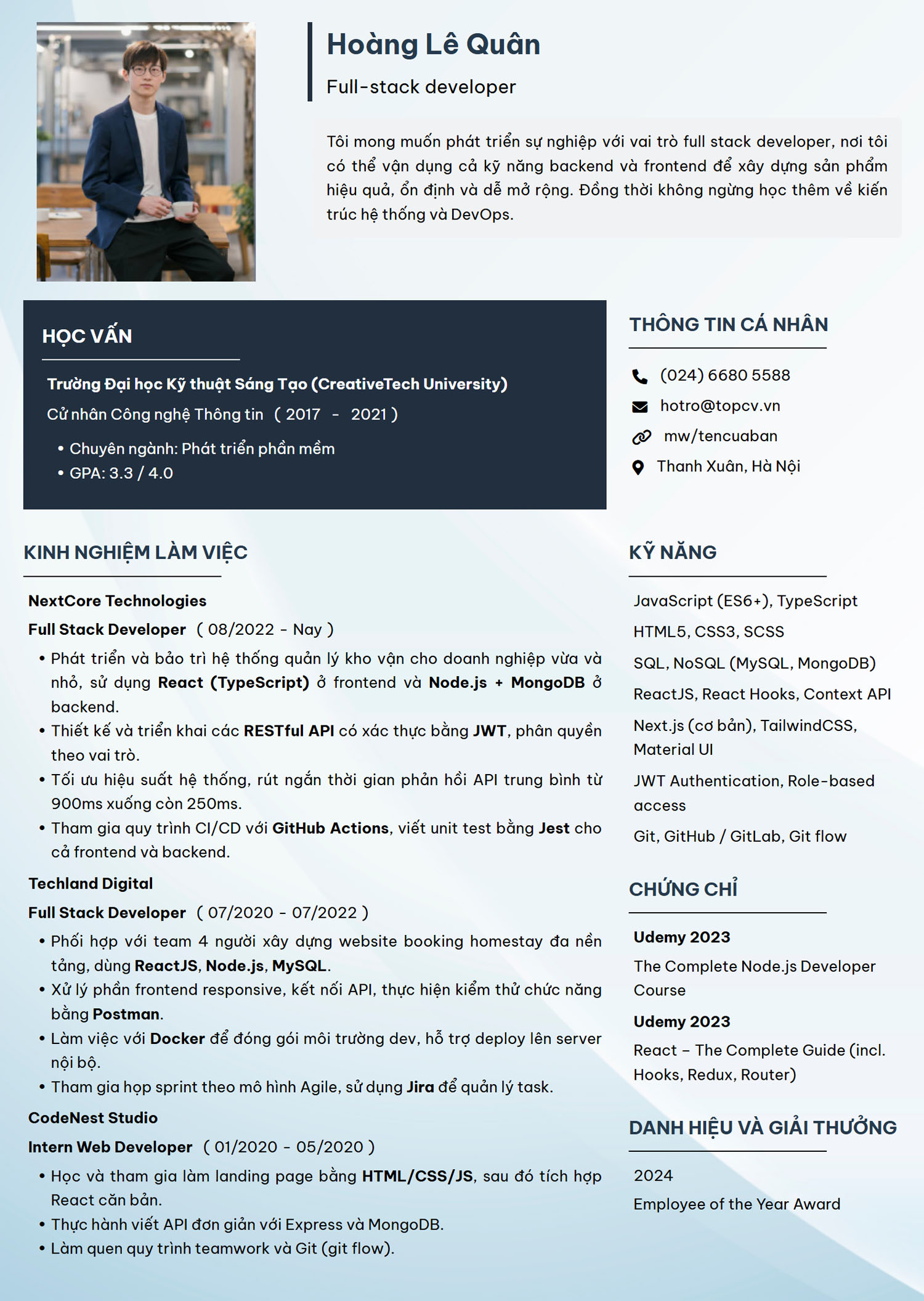 Ví dụ Mẫu CV chuyên nghiệp áp dụng cho vị trí Full-stack Developer