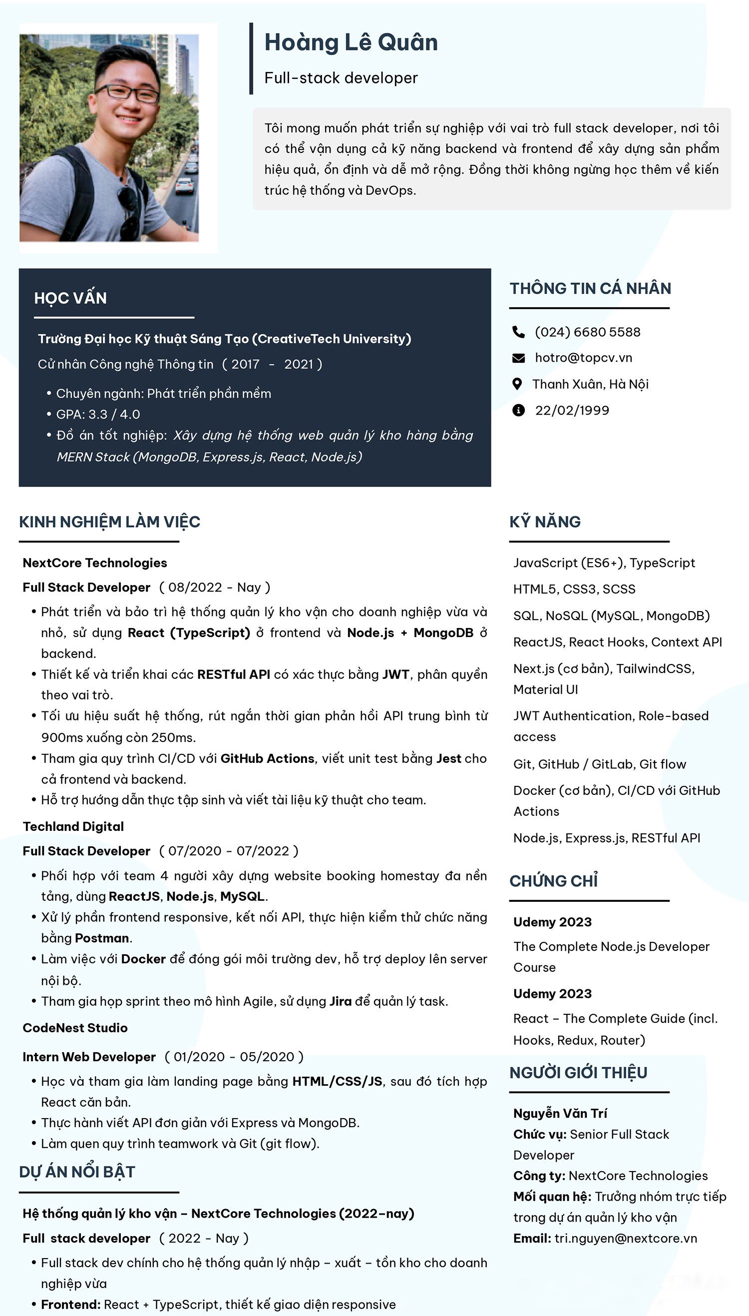 Mẫu CV Fullstack Developer