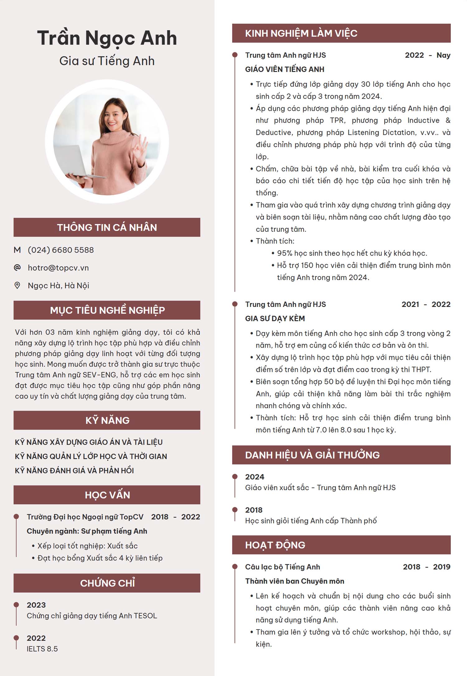 Tham khảo mẫu CV Gia sư năng động, hiện đại
