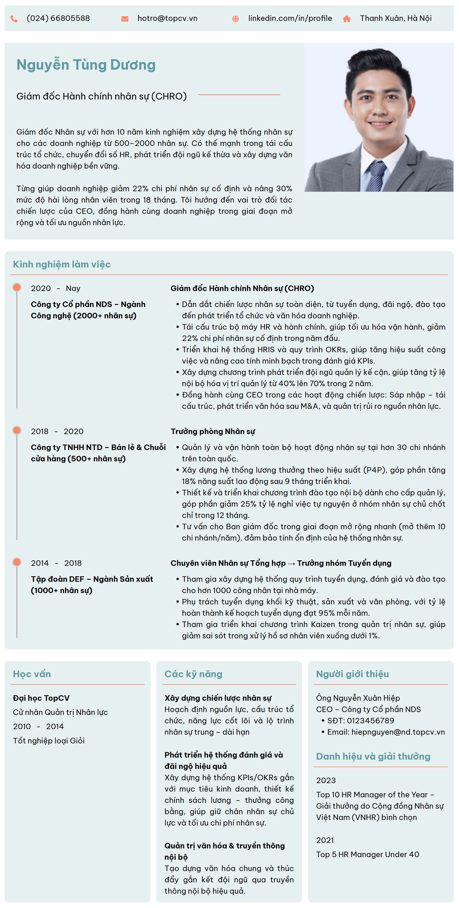 Tham khảo mẫu CV Giám đốc hành chính nhân sự CHRO