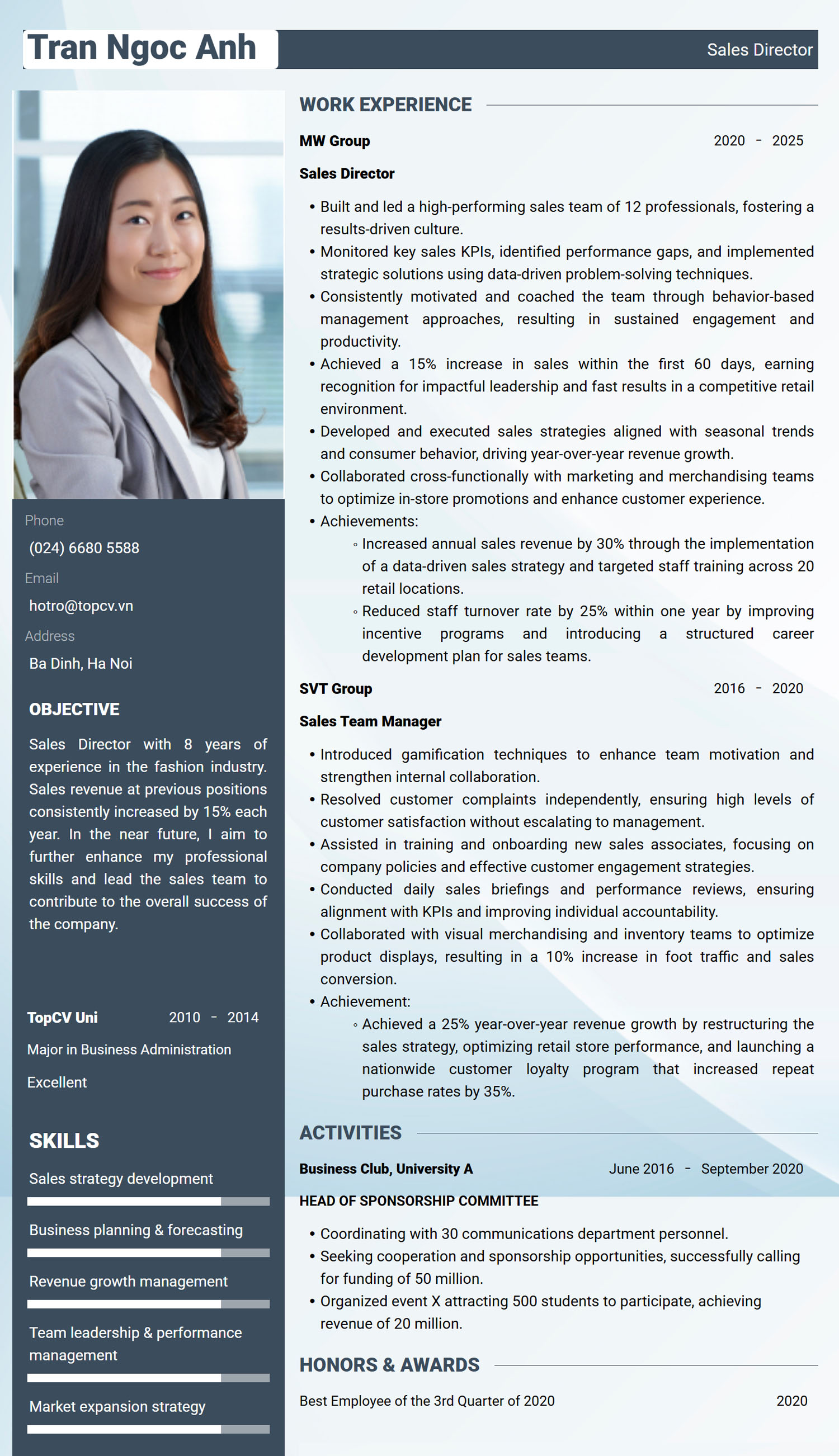 Mẫu CV Giám đốc kinh doanh tiếng Anh