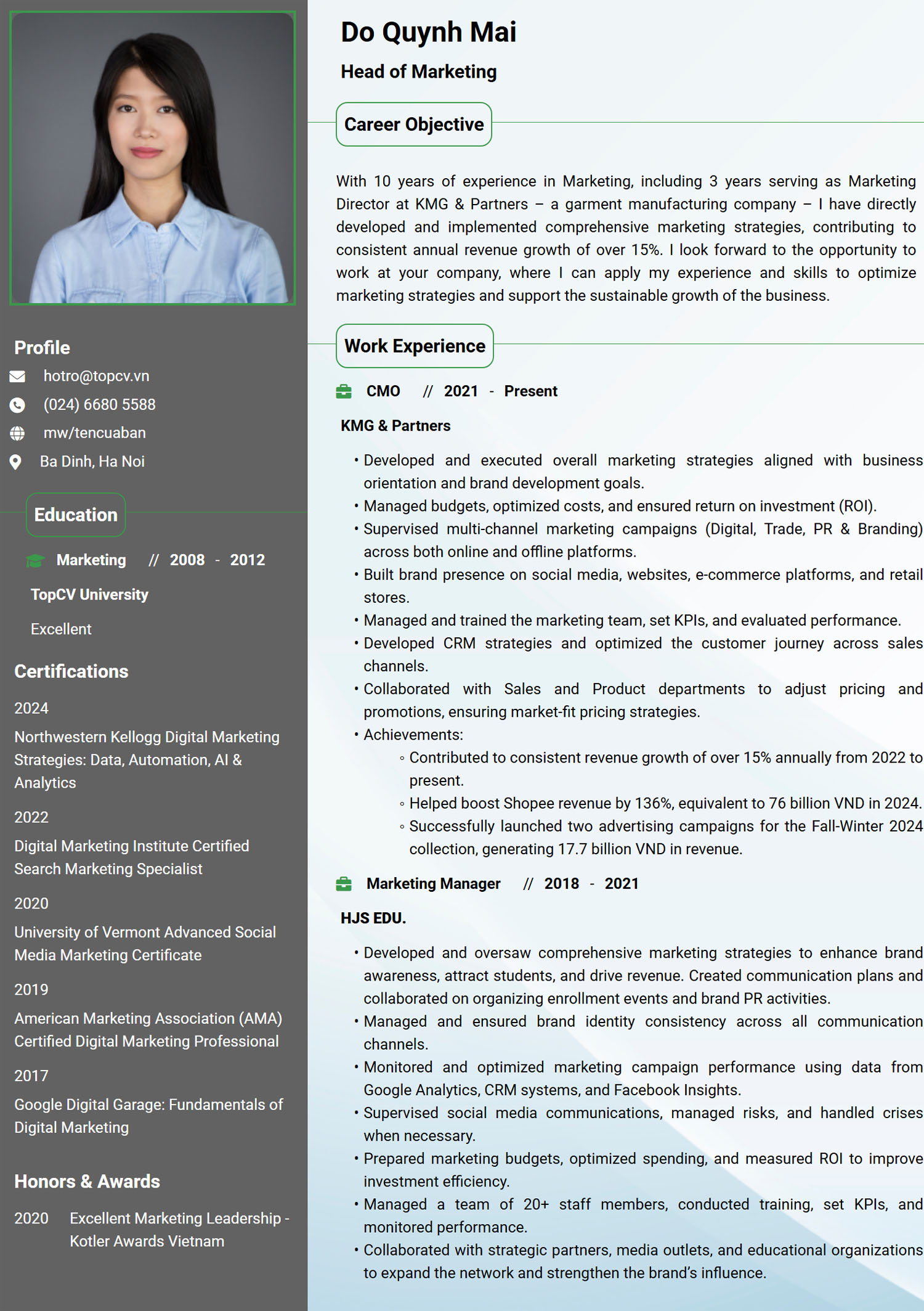 CV Giám đốc Marketing (CMO) Tiếng Anh chuẩn, chuyên nghiệp