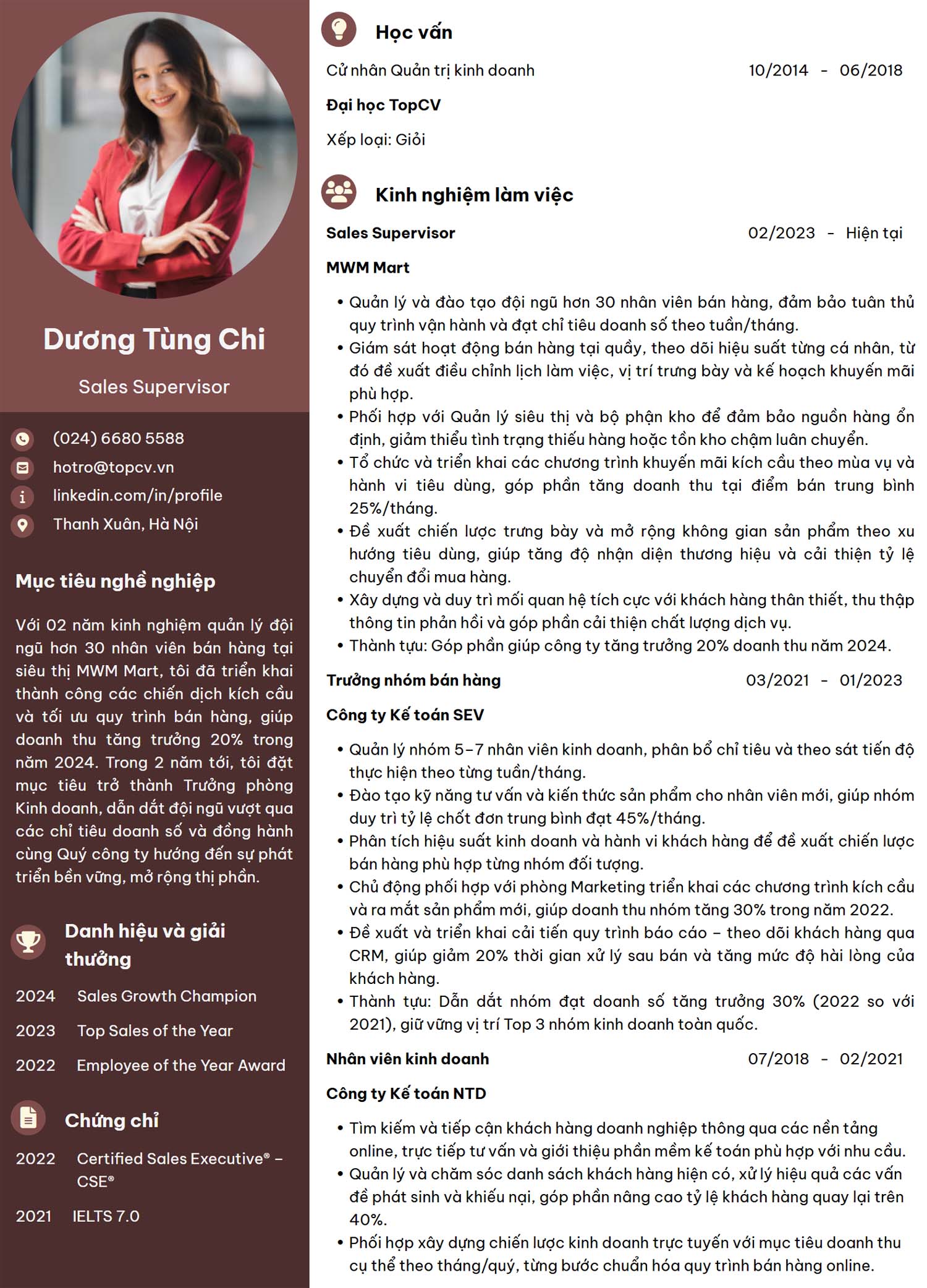Mẫu CV Sales Supervisor (Giám sát bán hàng)