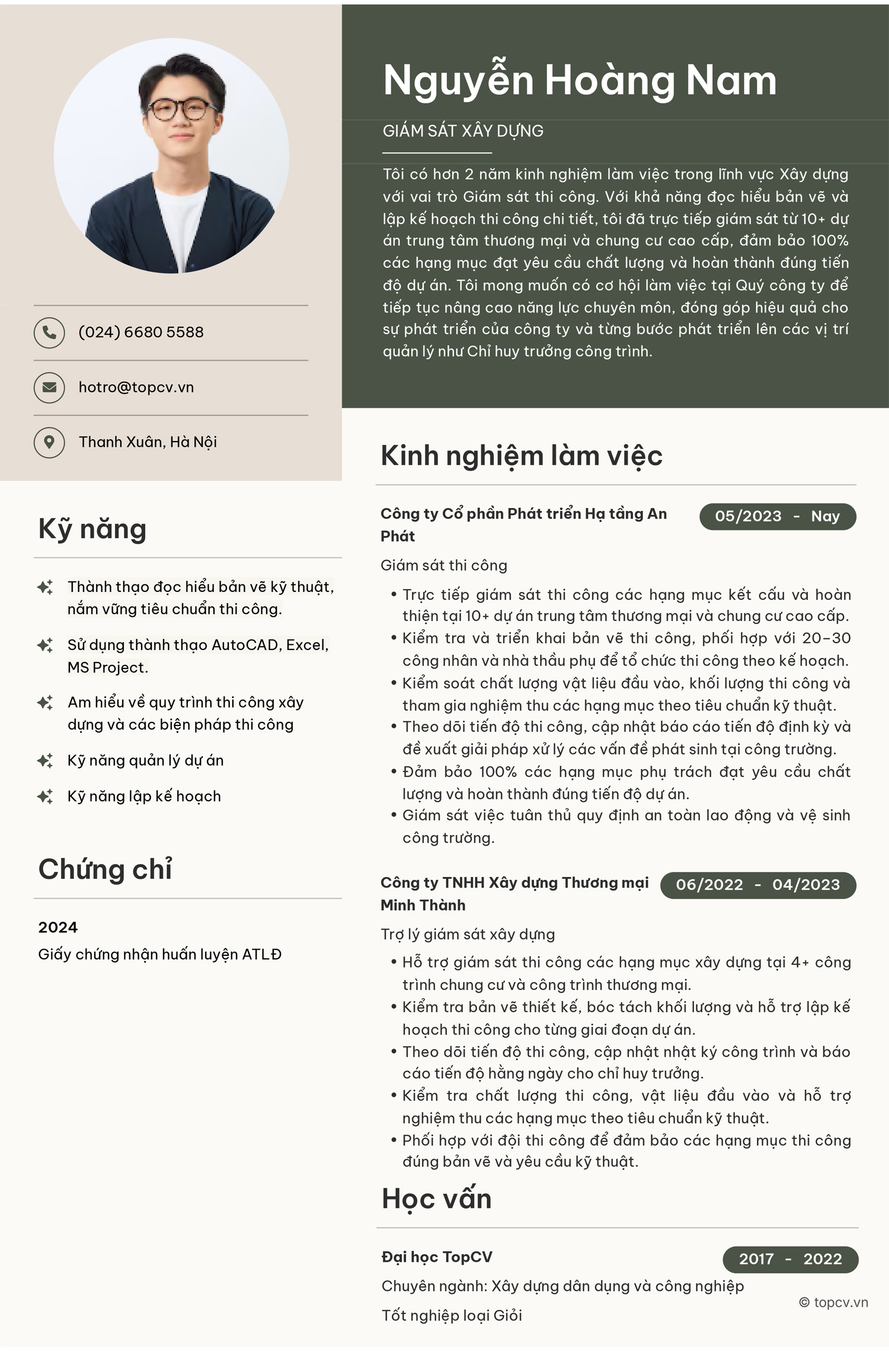 Mẫu CV Giám sát xây dựng chuẩn, chuyên nghiệp