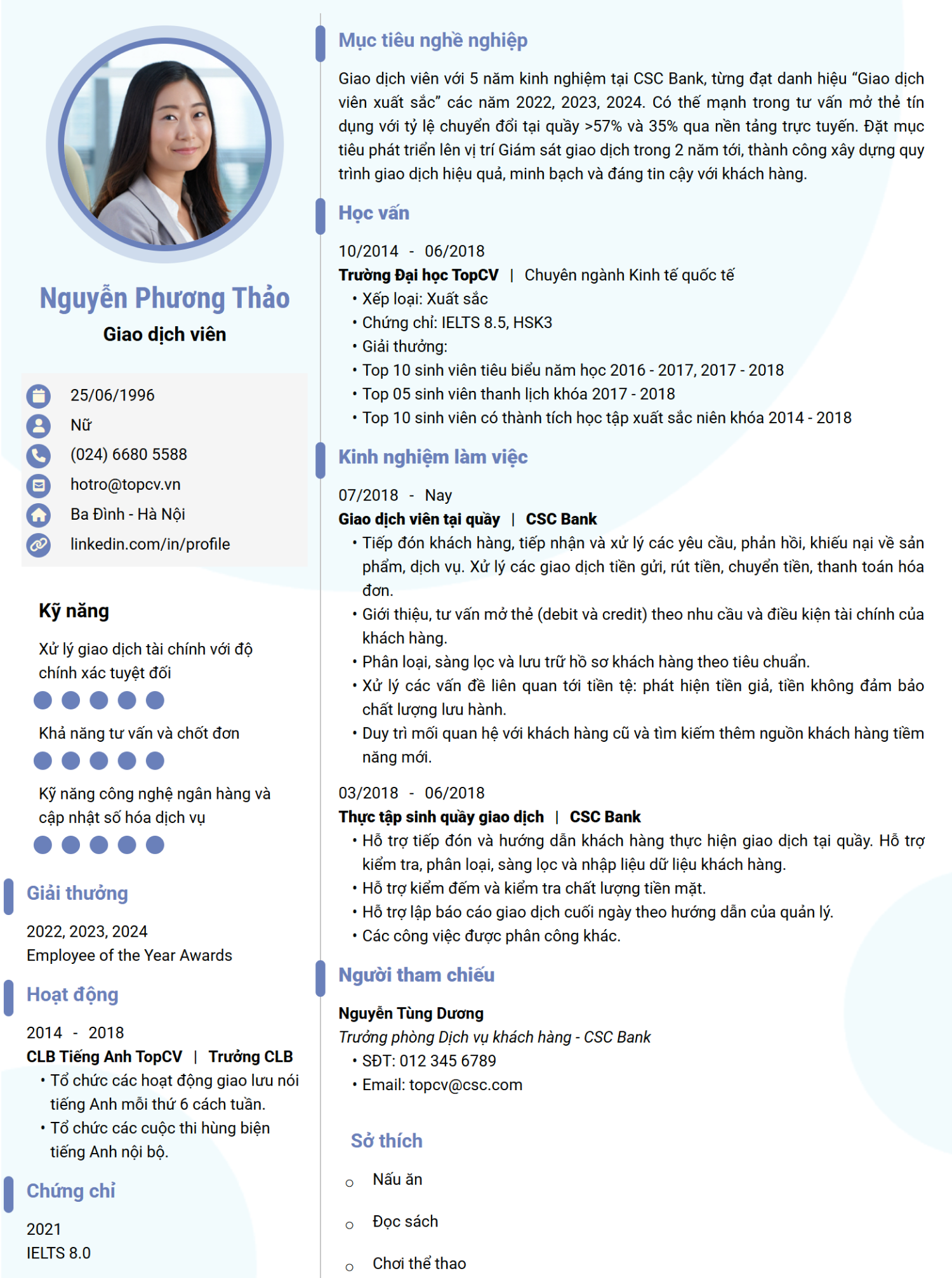 Mẫu CV Giao dịch viên