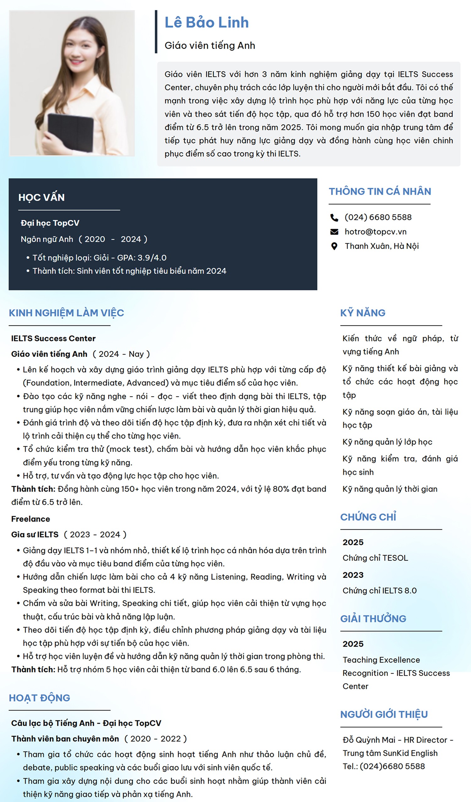 Mẫu CV Giáo viên tiếng Anh chuyên nghiệp trên TopCV