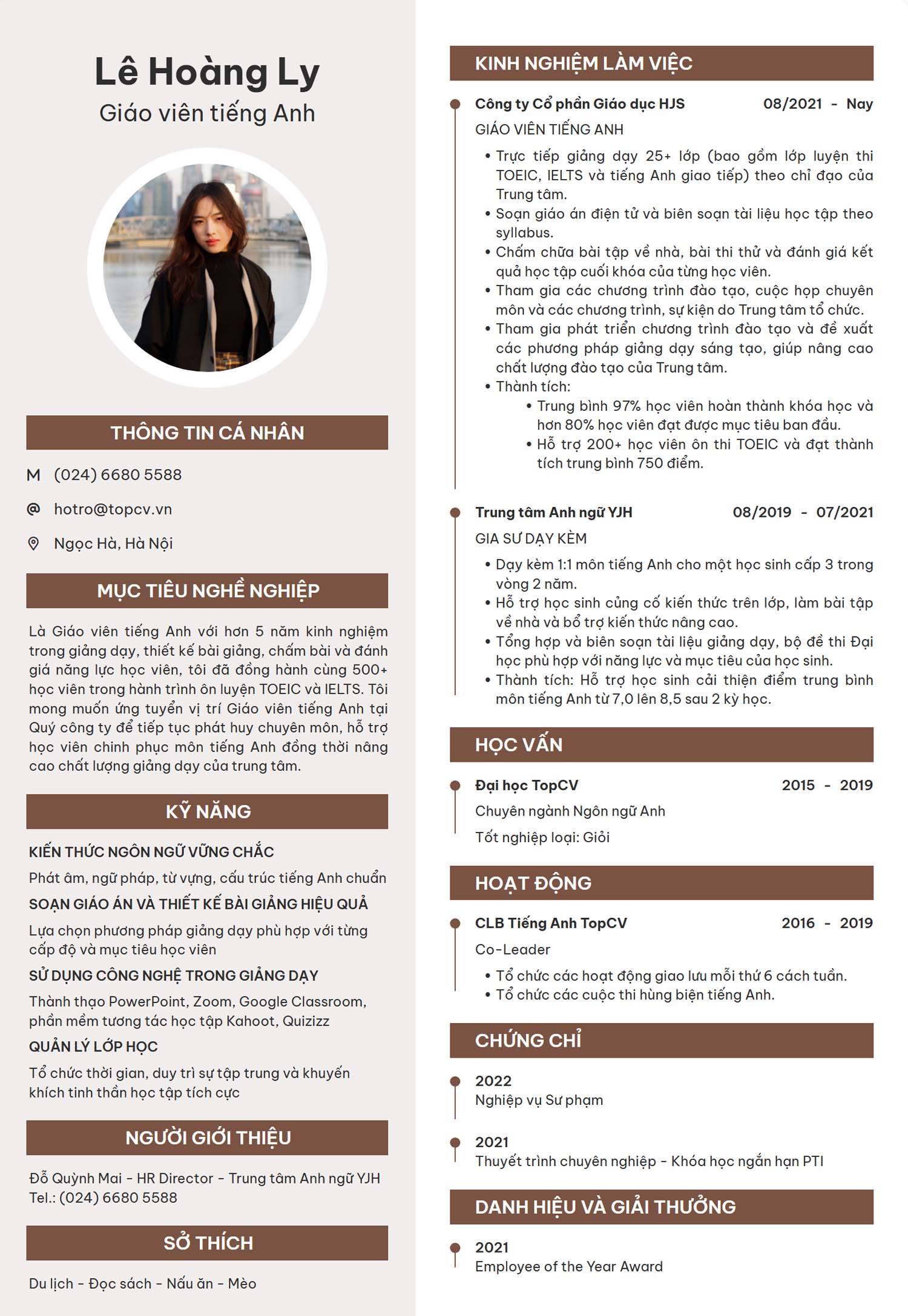 Mẫu CV giáo viên tiếng Anh ấn tượng