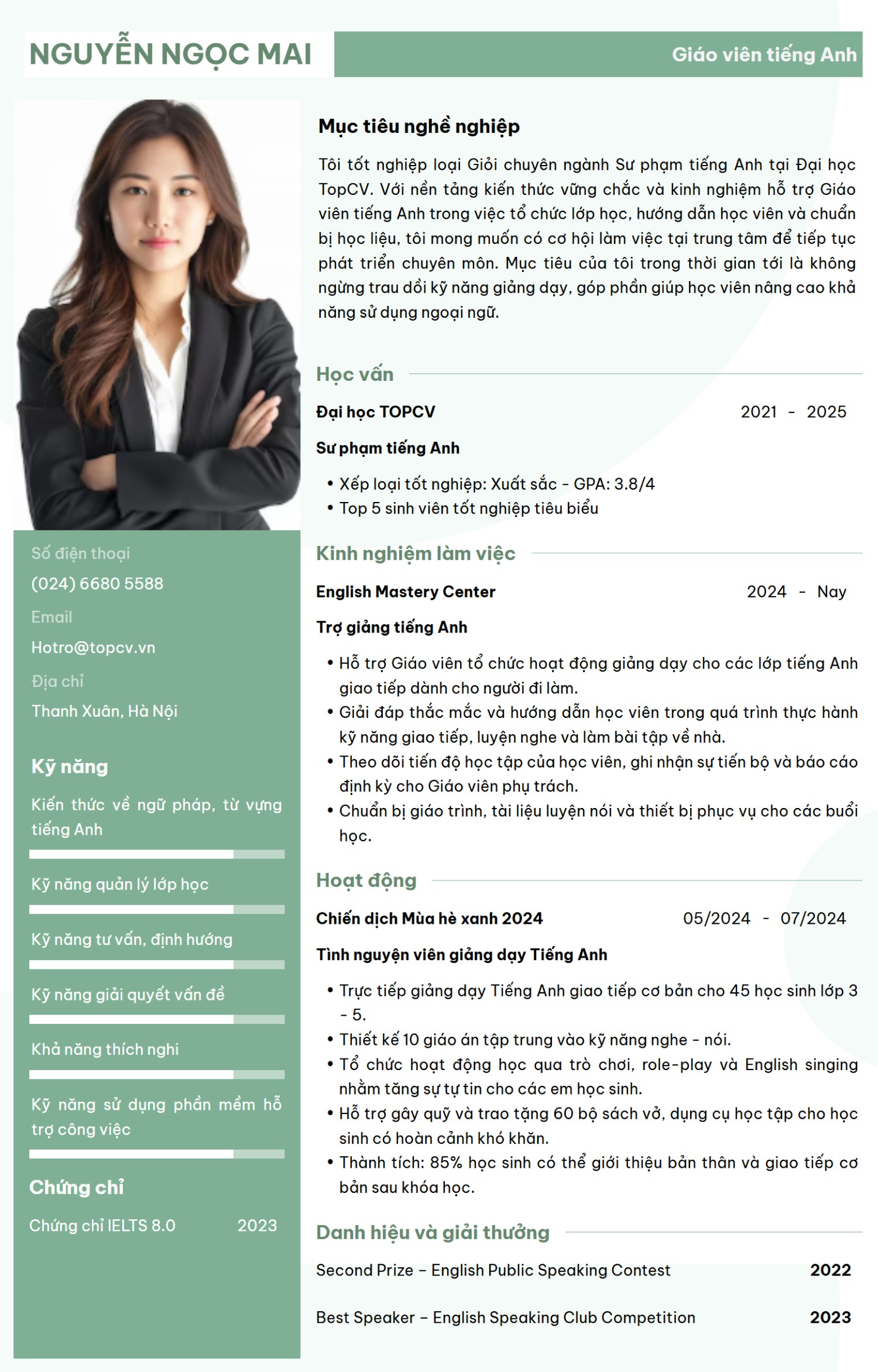 Mẫu CV Giáo viên tiếng Anh cho sinh viên mới ra trường trên TopCV
