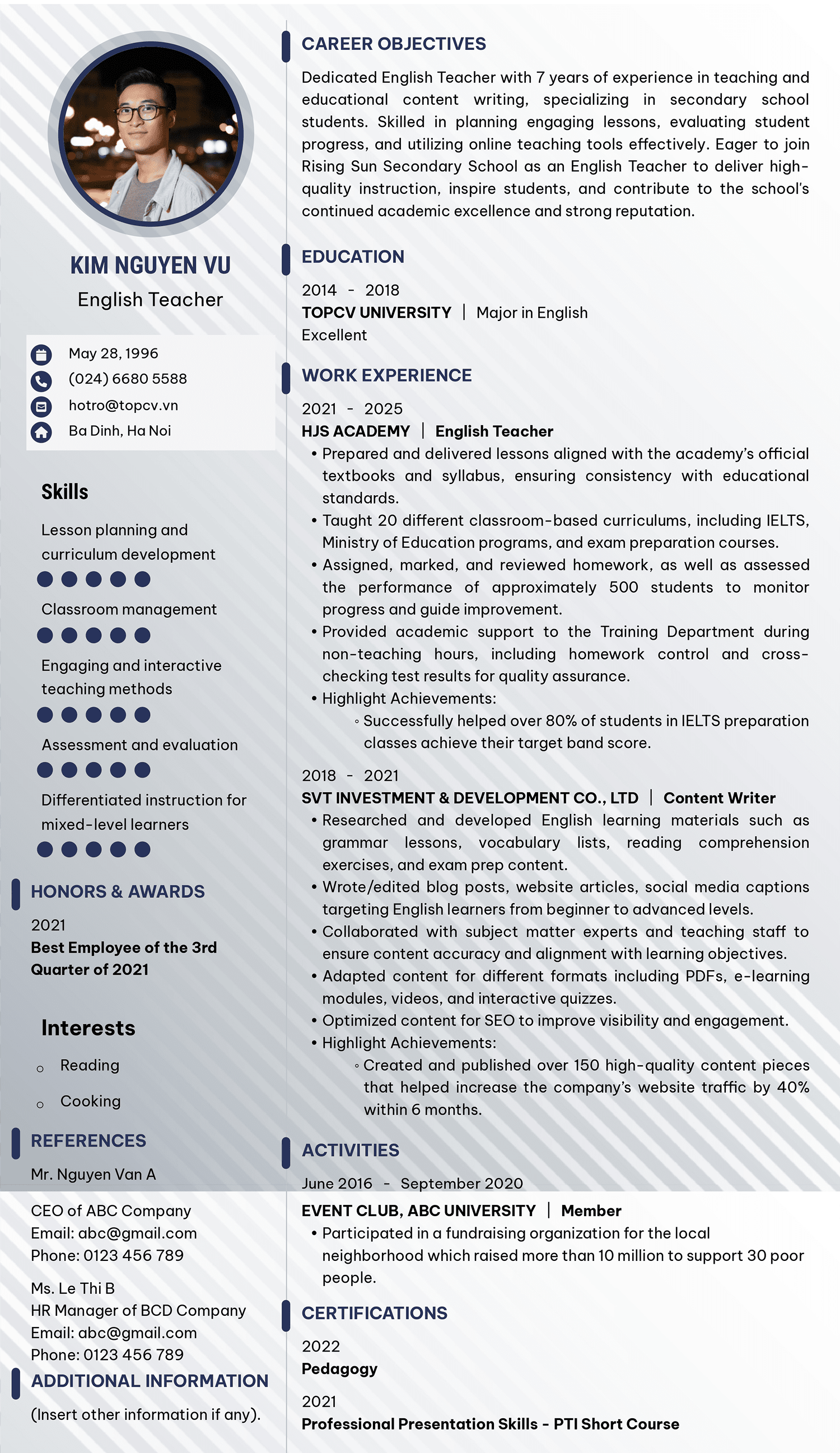 Mẫu CV tiếng Anh vị trí Giáo viên tiếng Anh (bản tiếng Anh)
