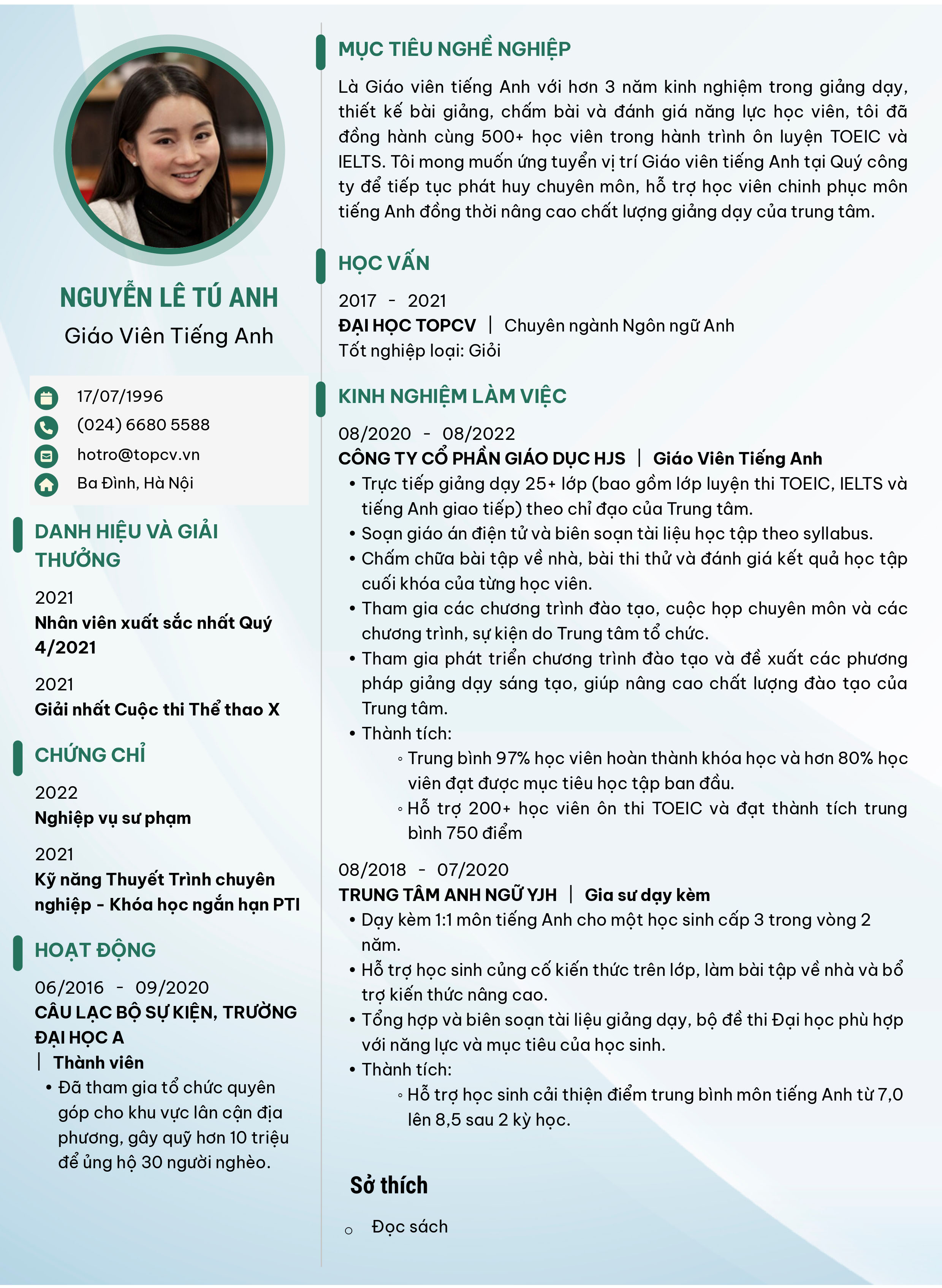 CV Giáo viên tiếng Anh
