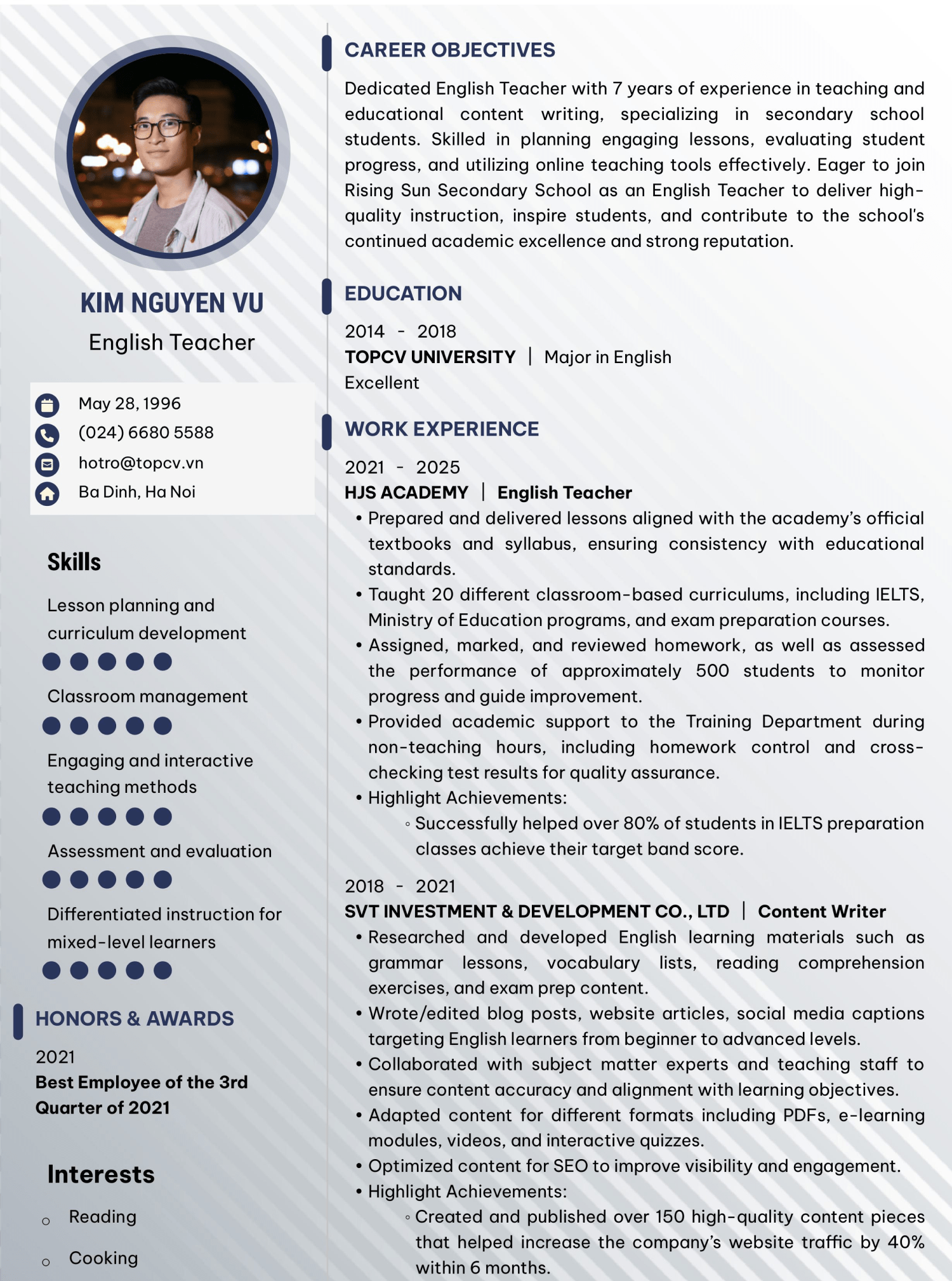 Tham khảo mẫu CV Giáo viên Tiếng Anh trên TopCV (bản tiếng Anh)
