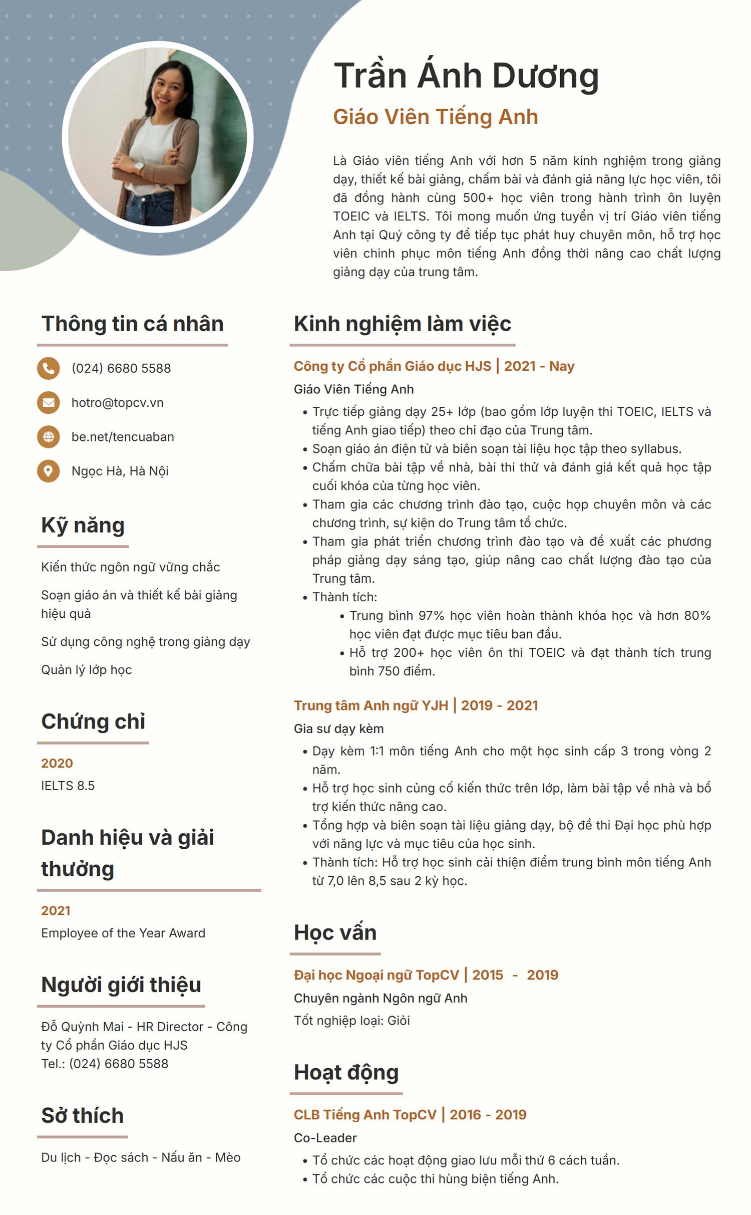 Mẫu CV giáo viên tiếng Anh chuyên nghiệp