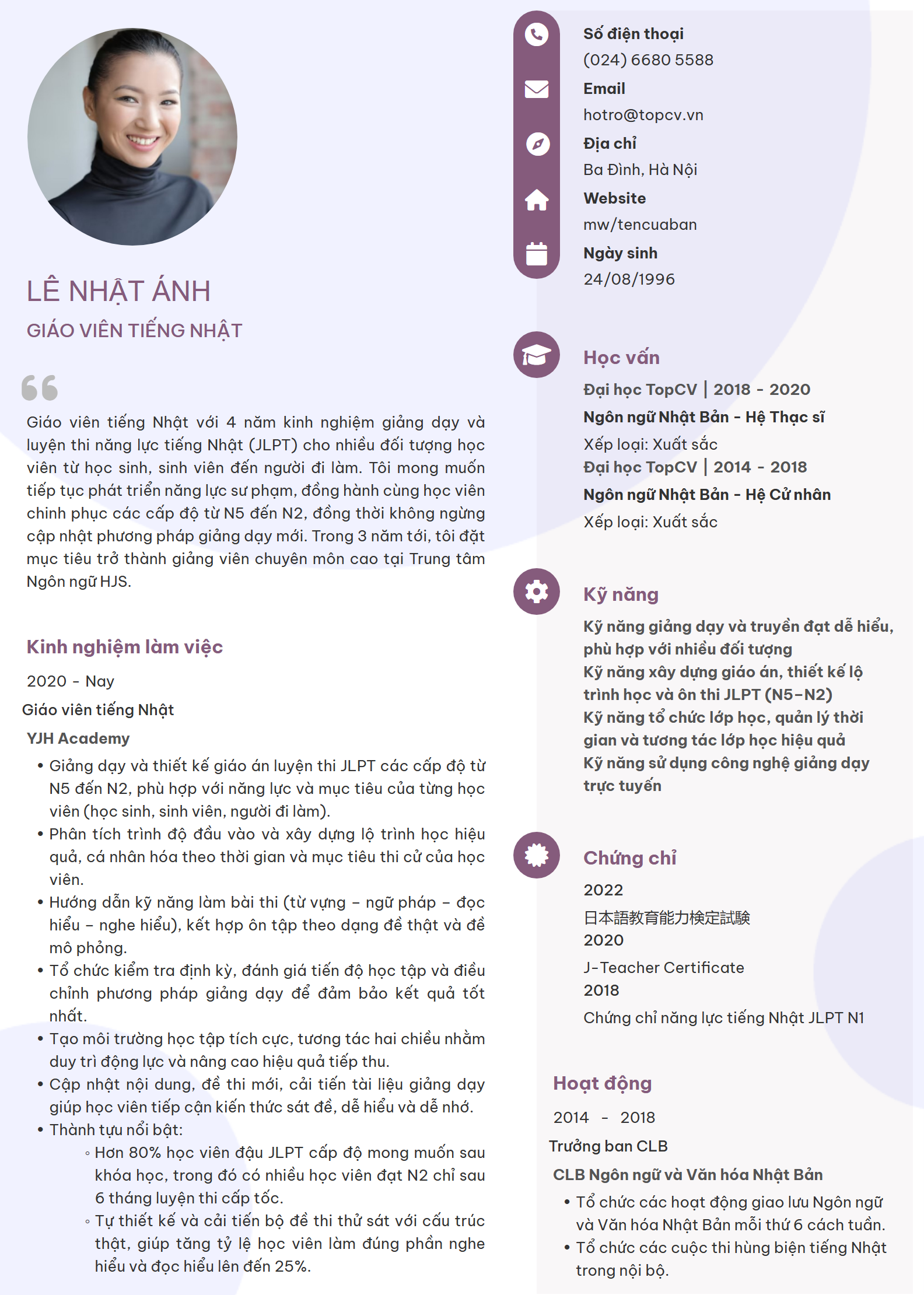 Mẫu CV Giáo viên tiếng Nhật