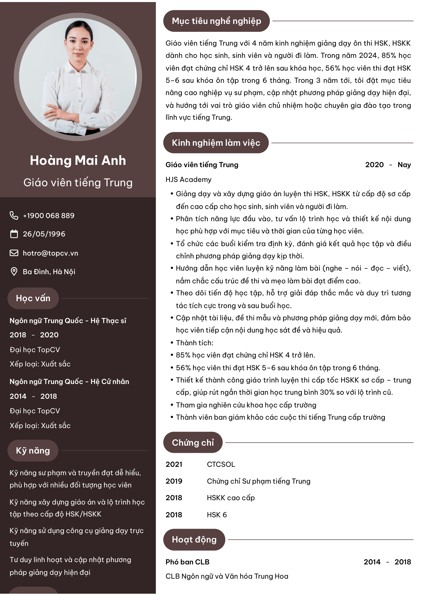 Mẫu CV Giáo viên tiếng Trung chuyên nghiệp