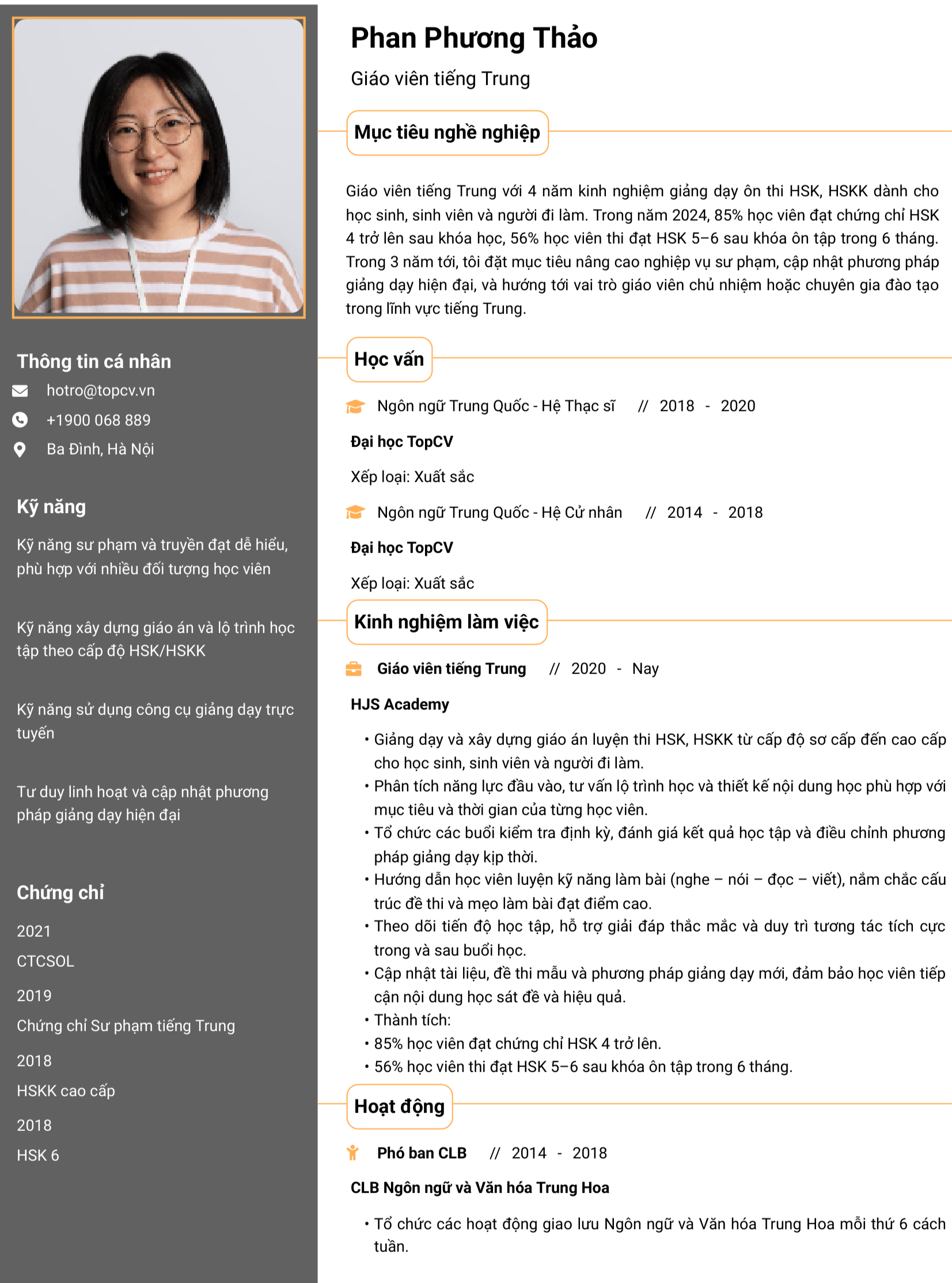 Mẫu CV Giáo viên tiếng Trung được nhà tuyển dụng đánh giá cao