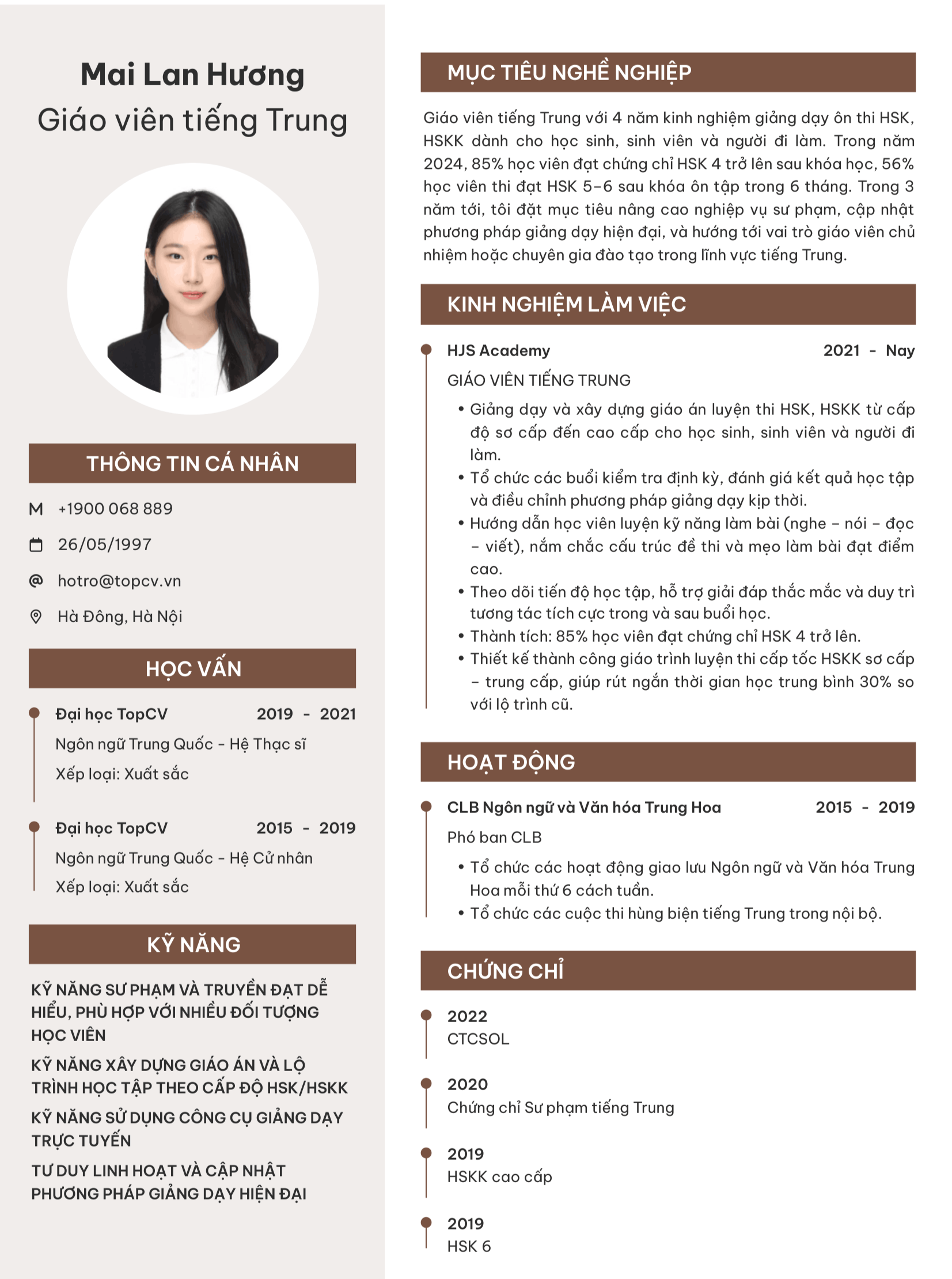 Mẫu CV Giáo viên tiếng Trung năng động