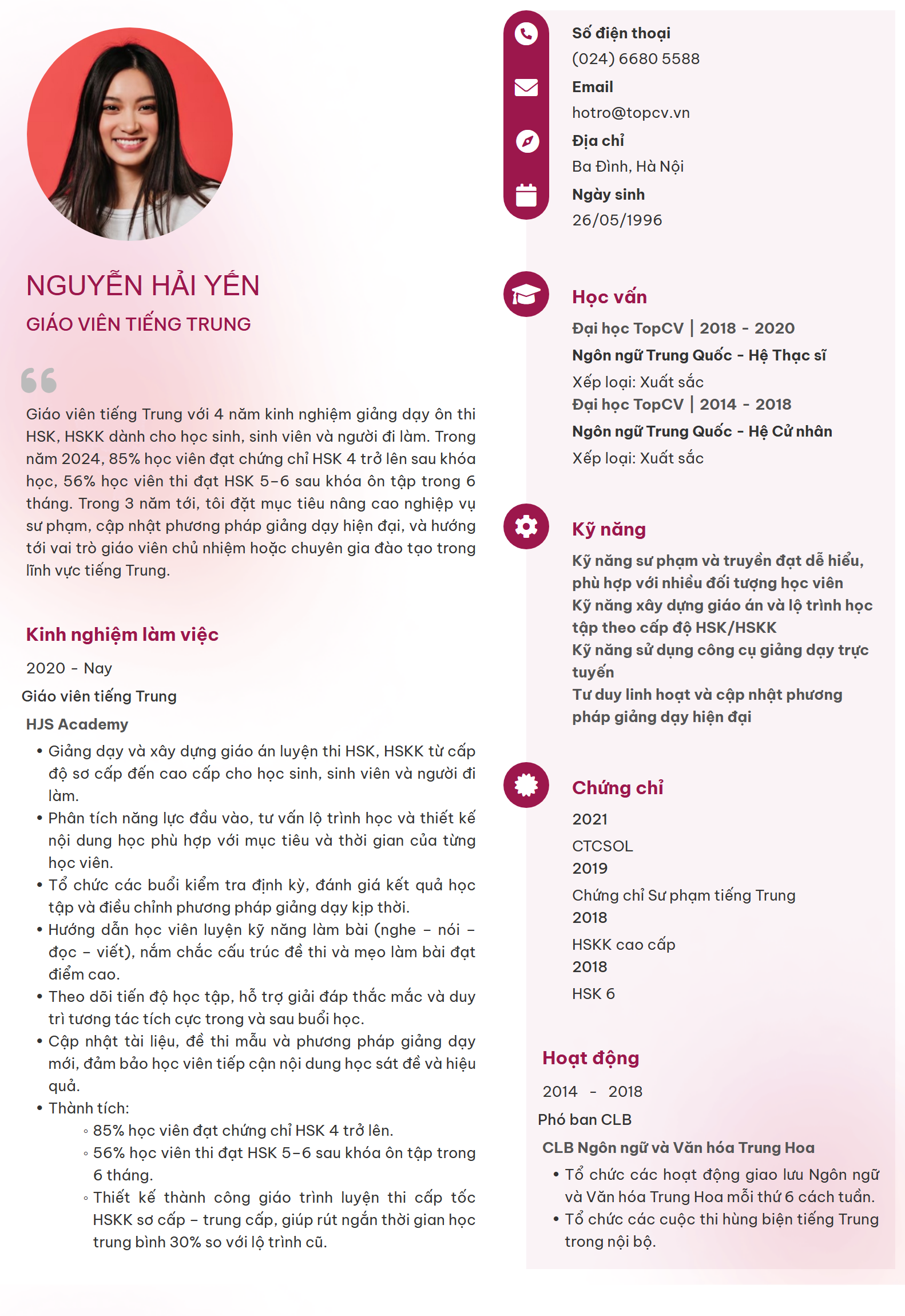 Mẫu CV Giáo viên tiếng Trung