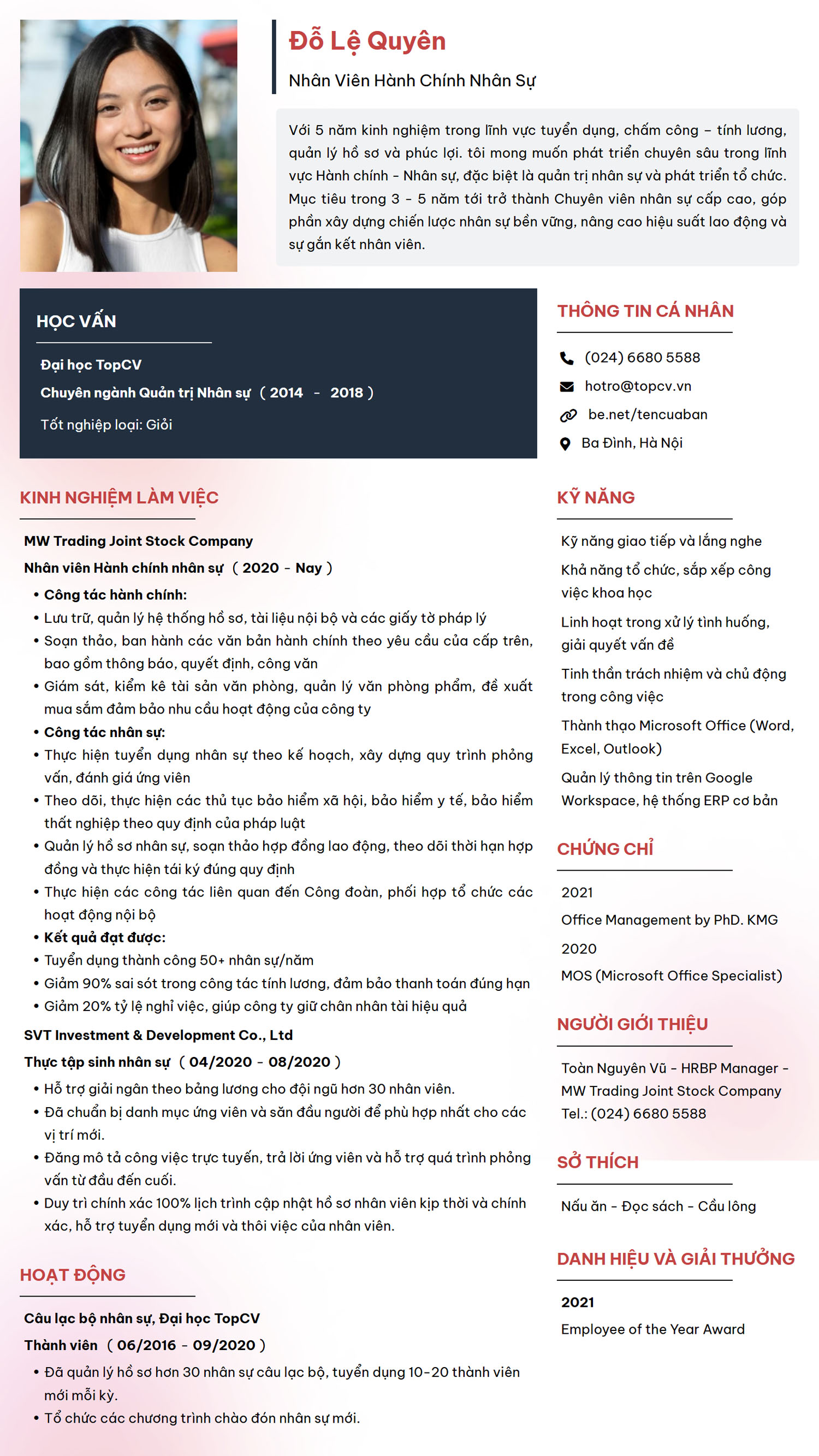Mẫu CV xin việc Hành chính nhân sự chuẩn