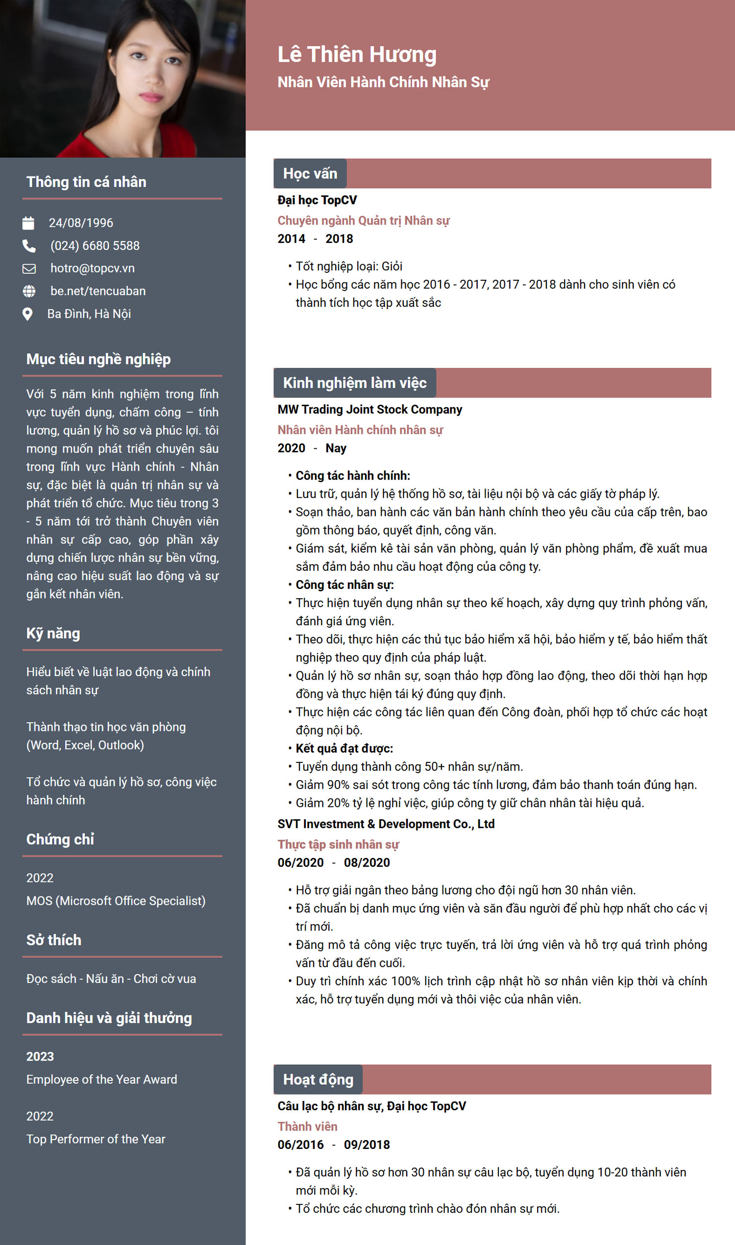 Tham khảo mẫu CV Hành chính nhân sự đơn giản