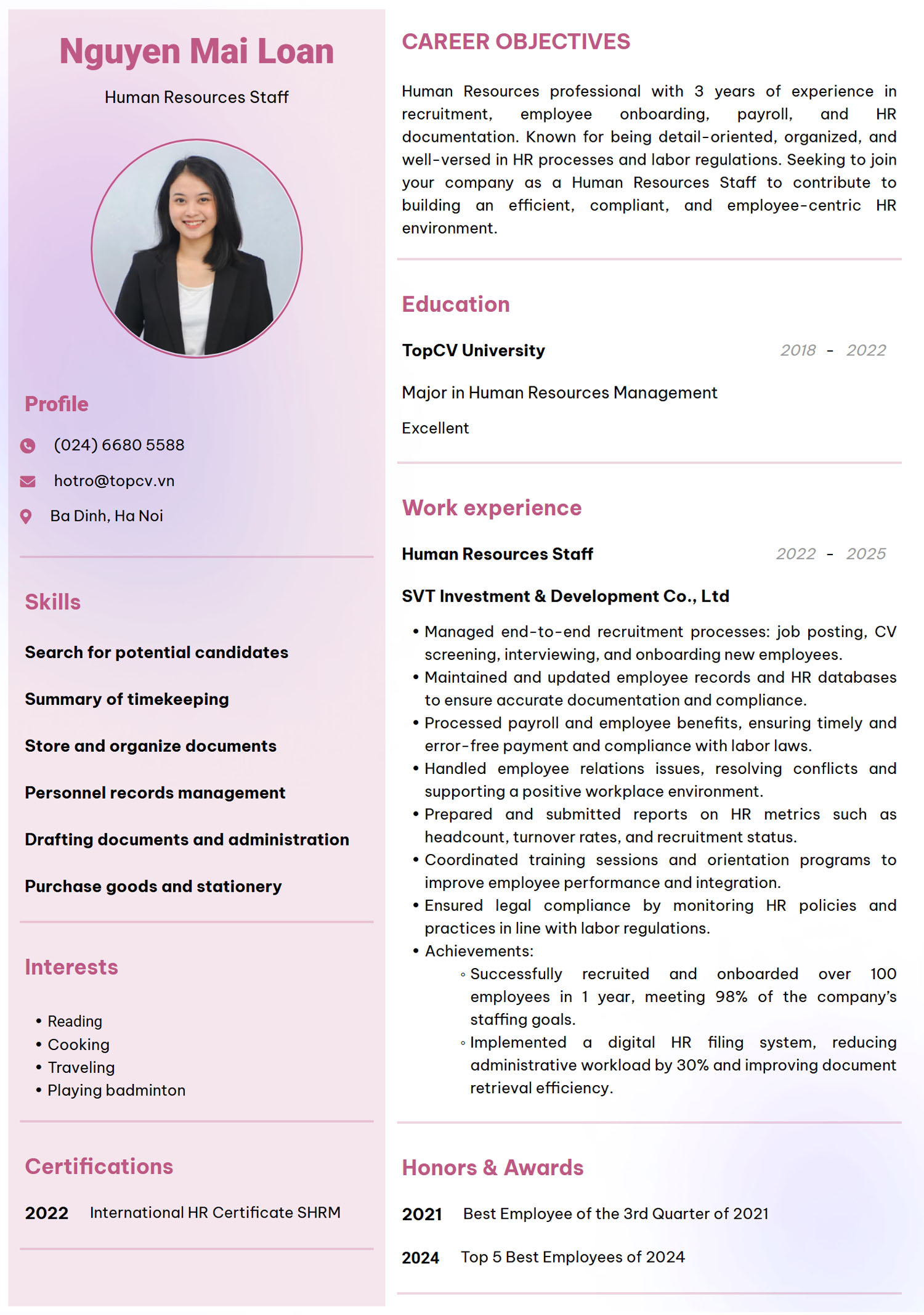 Mẫu CV Nhân viên Hành chính Nhân sự Tiếng Anh