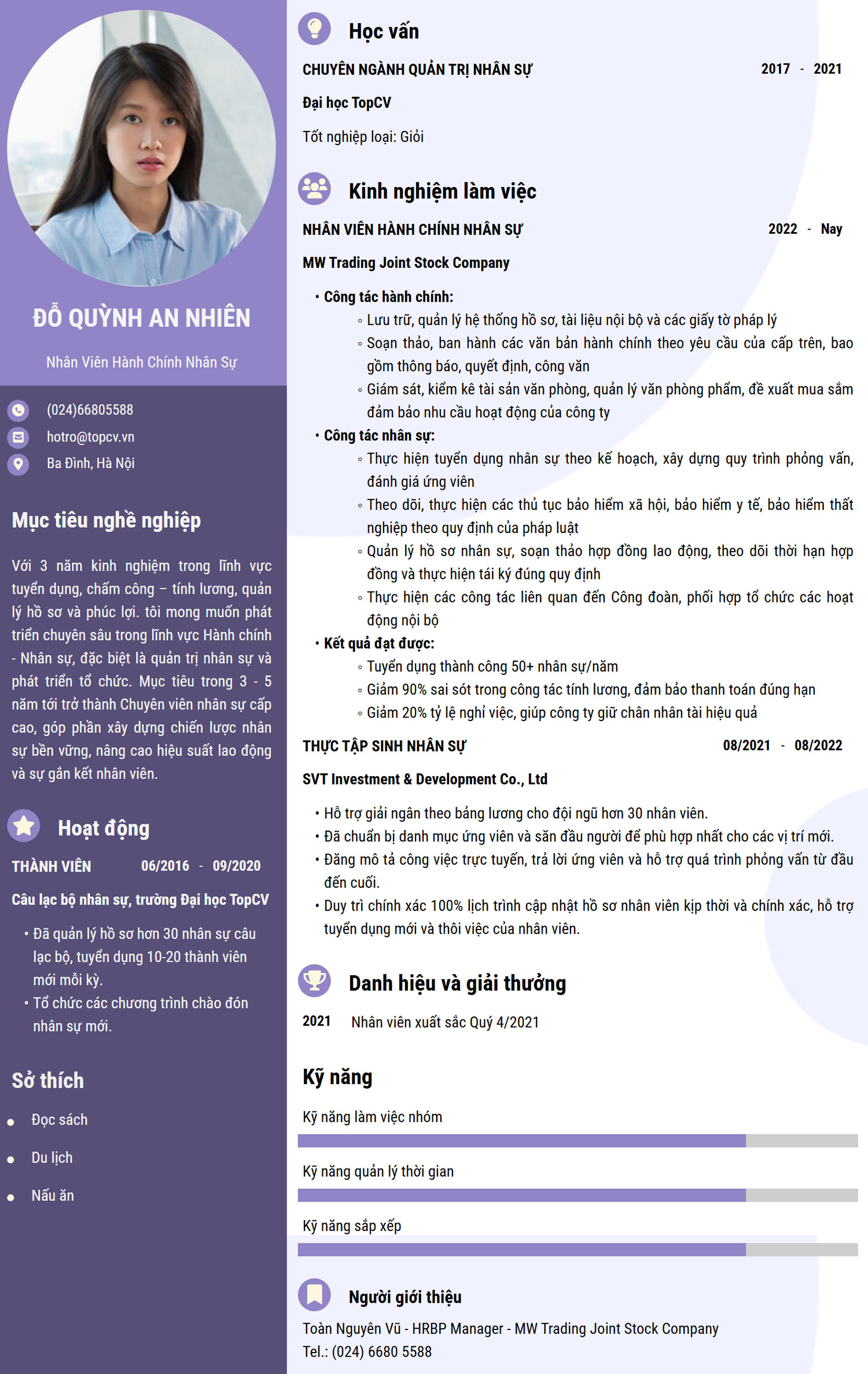 CV Nhân viên Hành chính Nhân sự