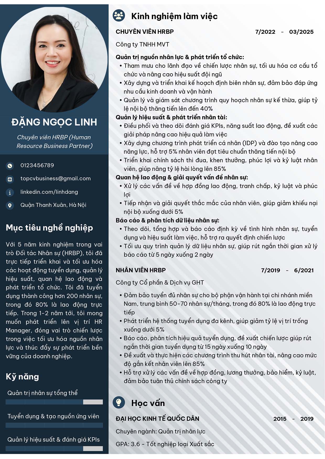 Mẫu CV HRBP dành cho ứng viên đã có kinh nghiệm