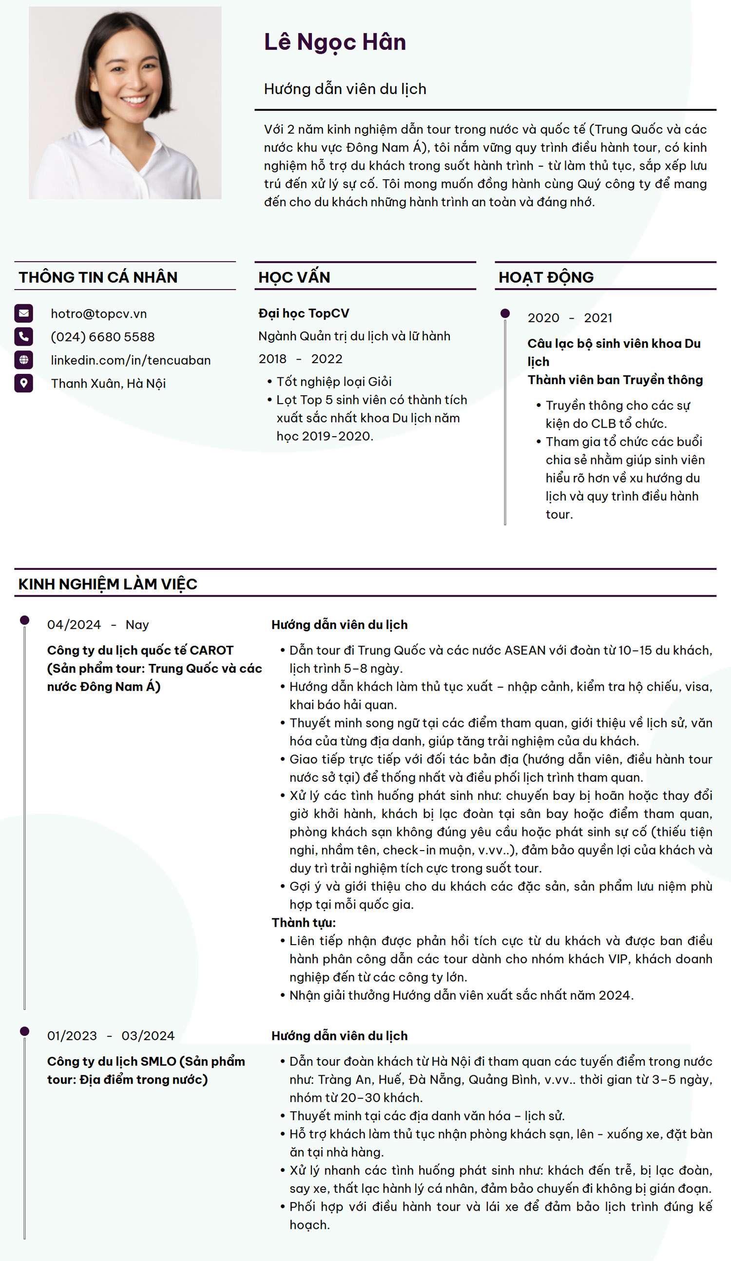 Mẫu CV Hướng dẫn viên du lịch chuẩn, chuyên nghiệp
