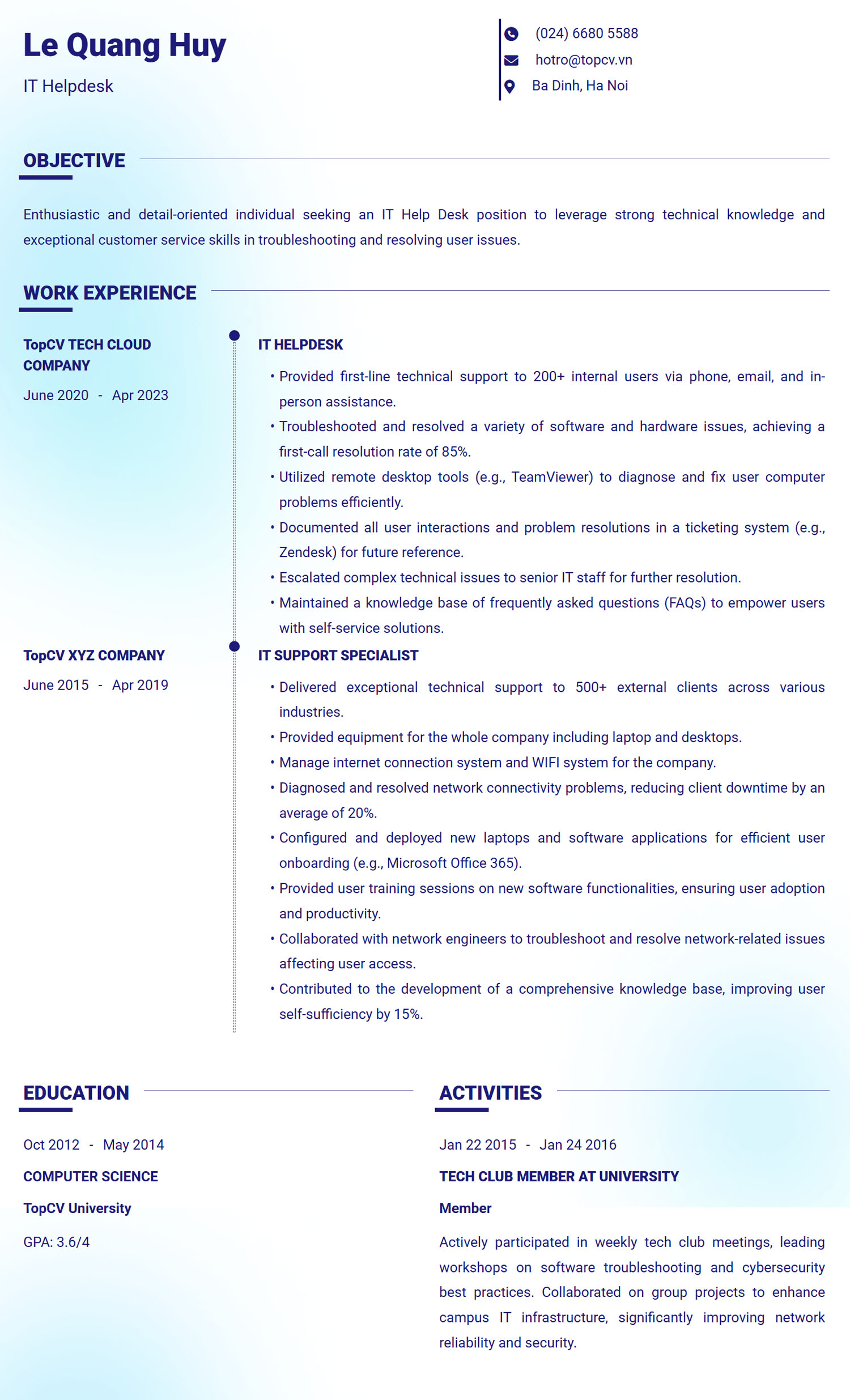 Mẫu CV IT Helpdesk Tiếng Anh