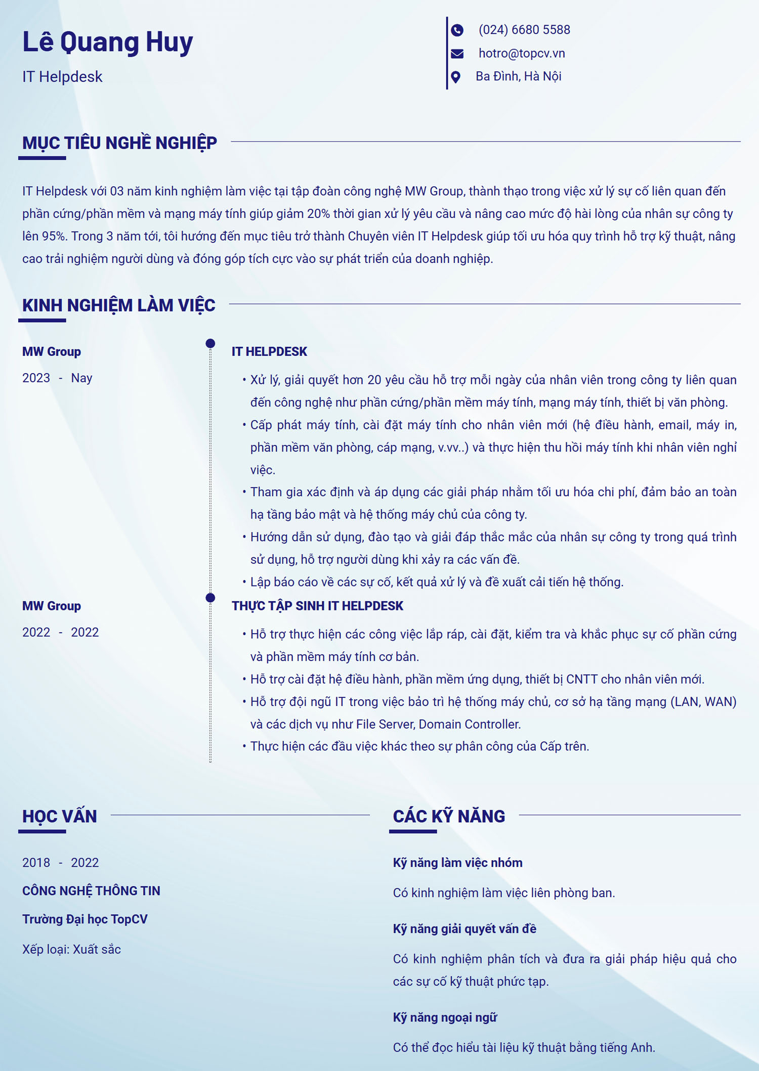 Mẫu CV IT Helpdesk