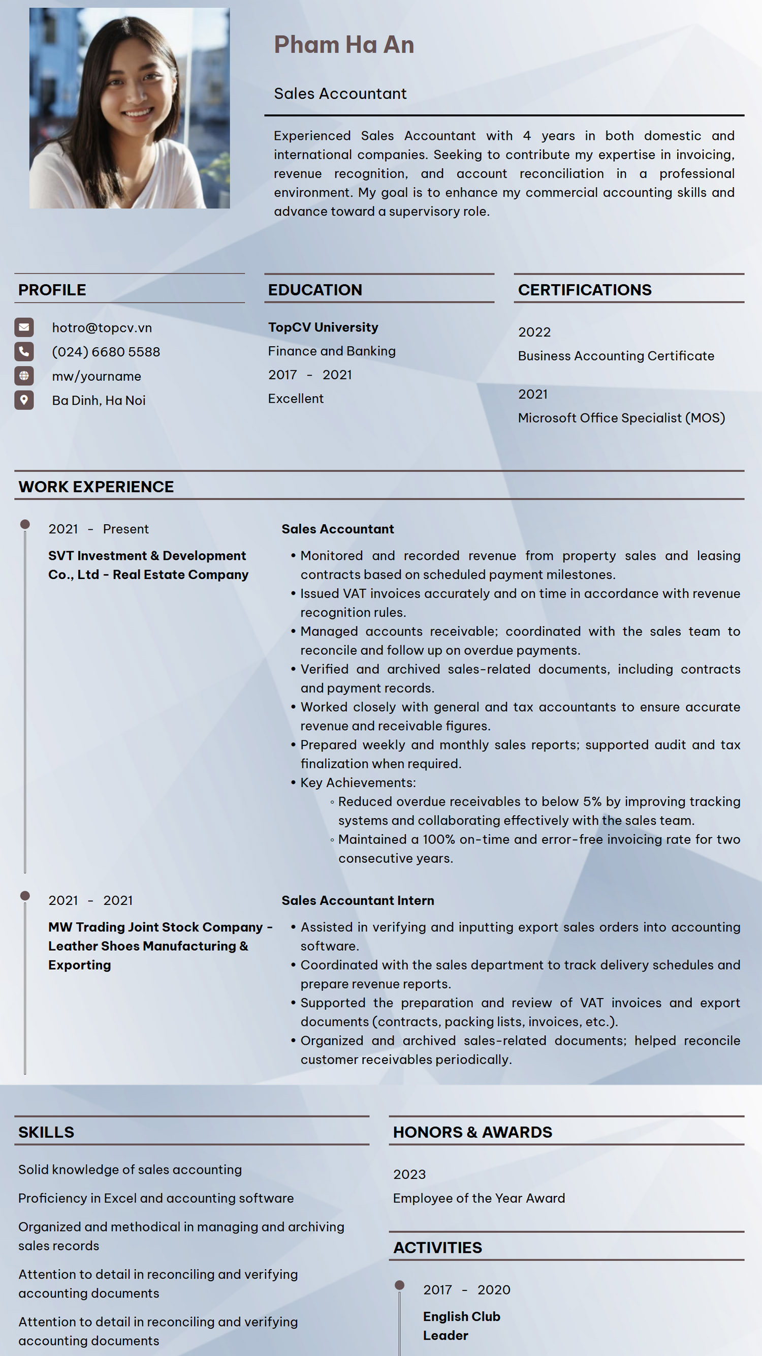 CV Kế toán bán hàng tiếng Anh