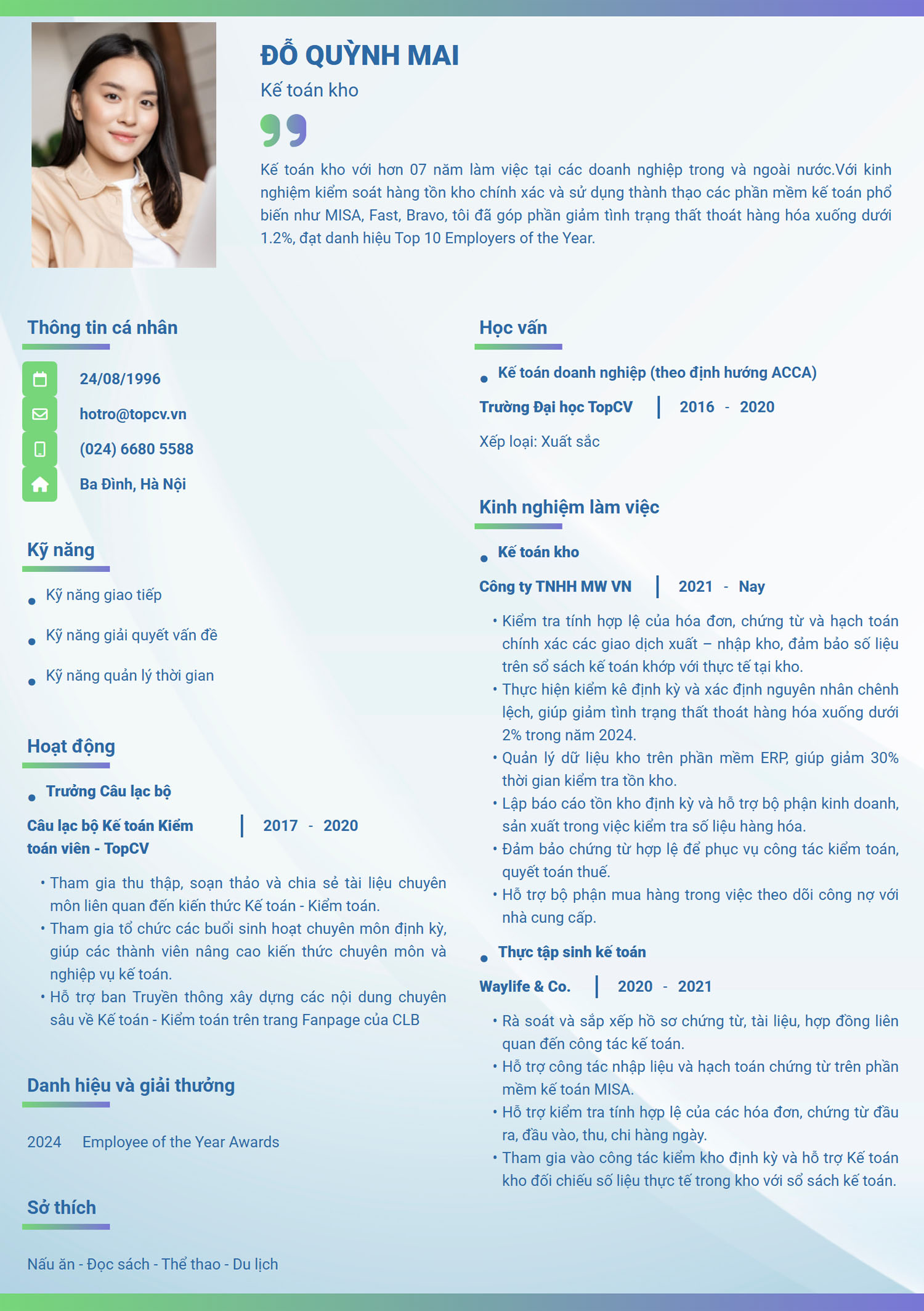 Tham khảo mẫu CV kế toán kho