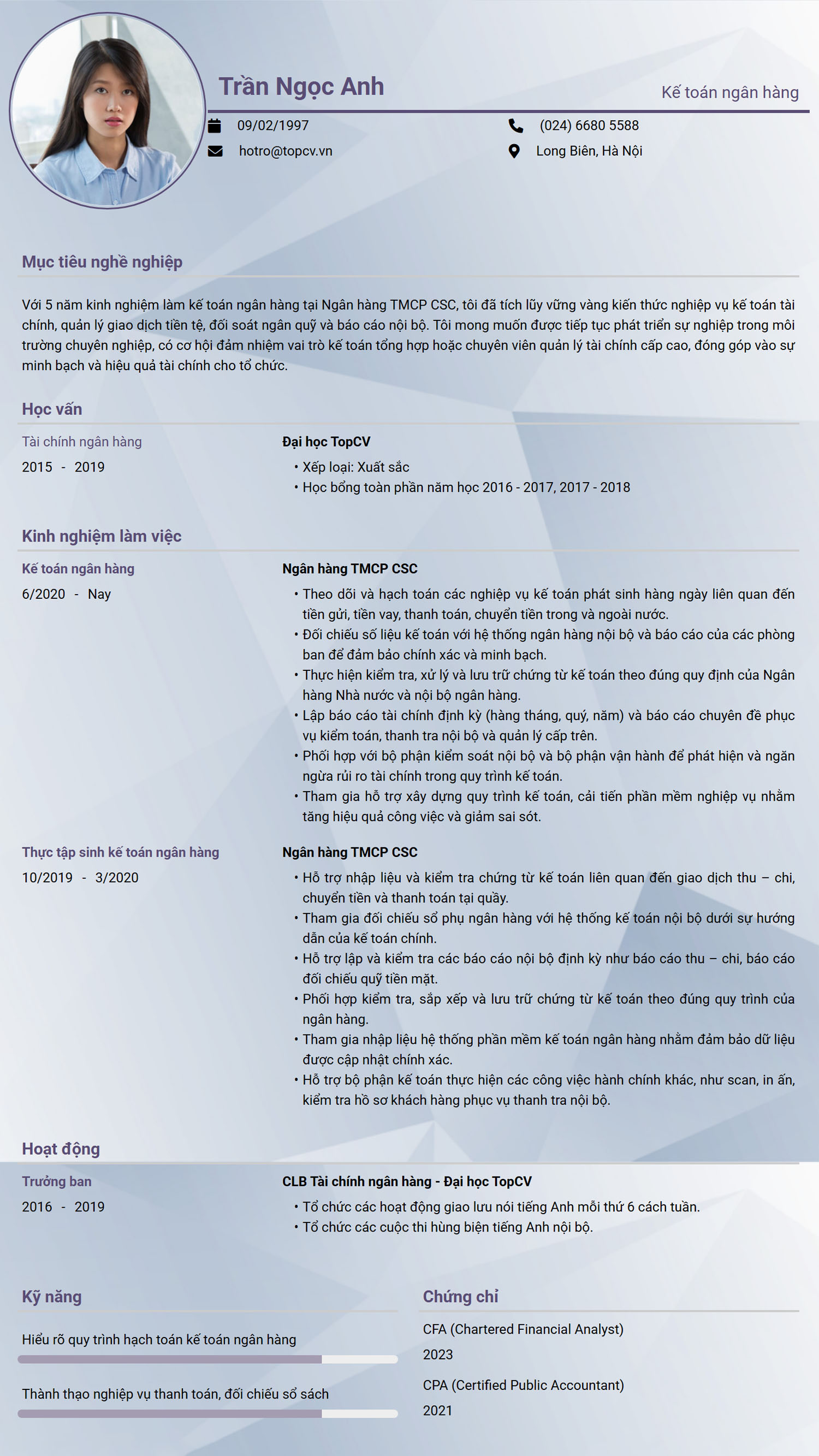 Mẫu CV Kế toán ngân hàng chuẩn, chuyên nghiệp