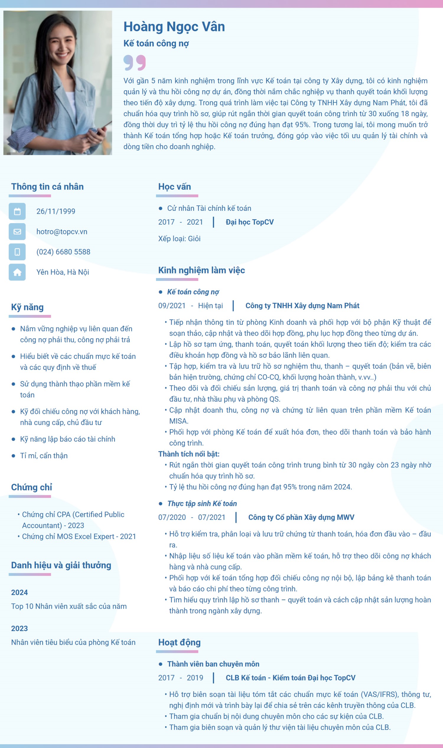 mẫu CV xin việc Kế toán công nợ ấn tượng