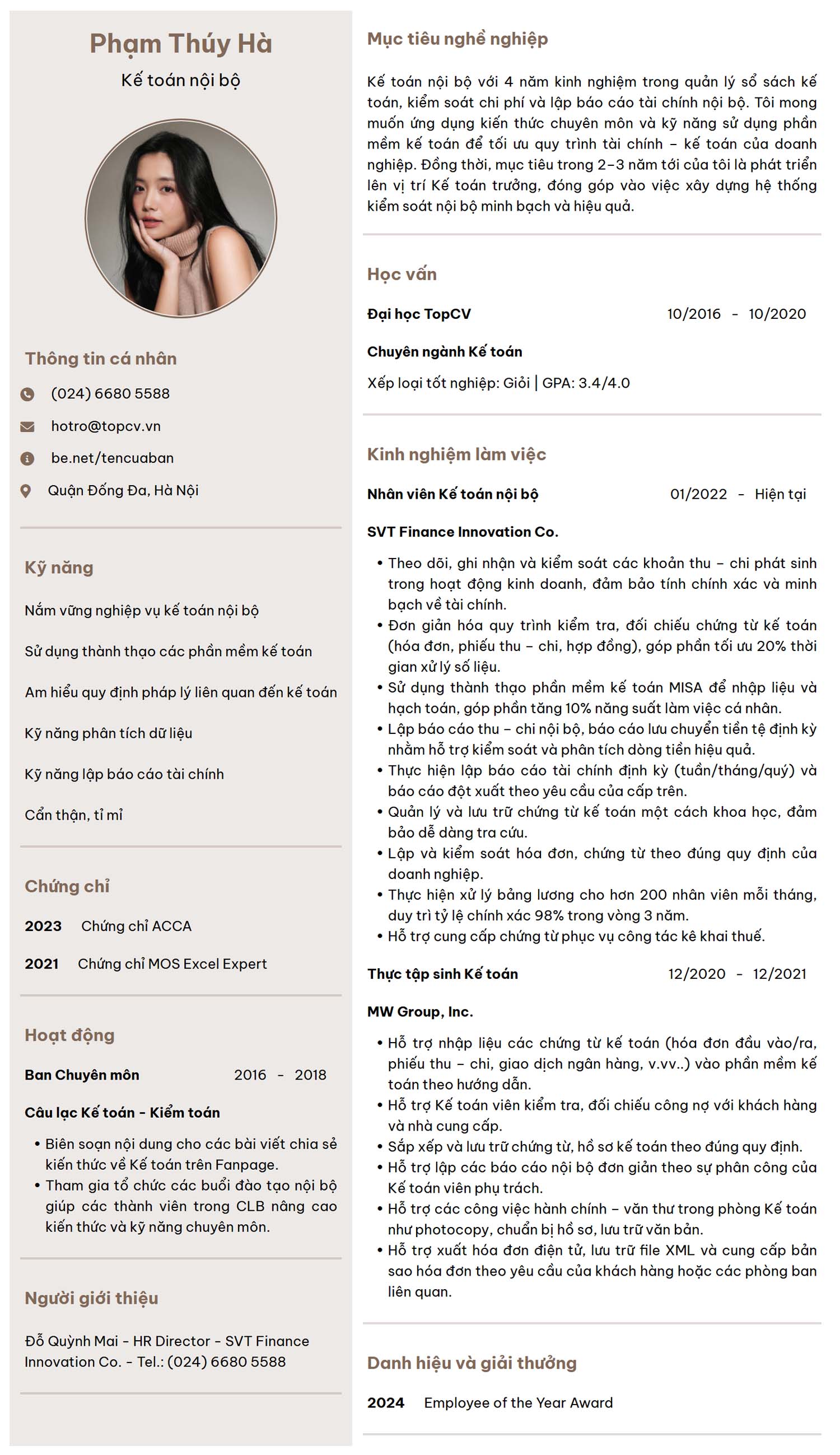 Mẫu CV Kế toán nội bộ đơn giản