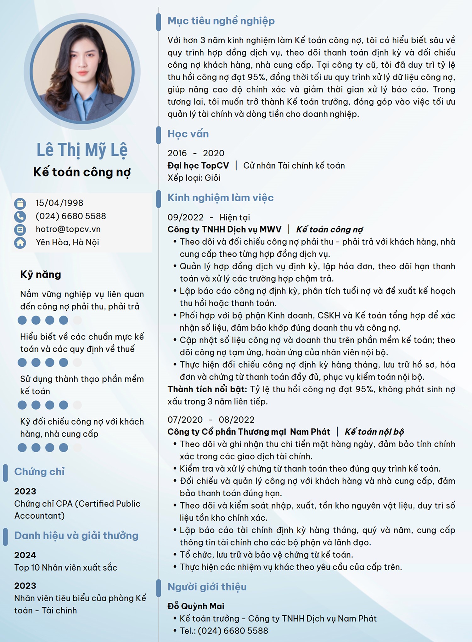 Mẫu CV Kế toán công nợ thanh lịch